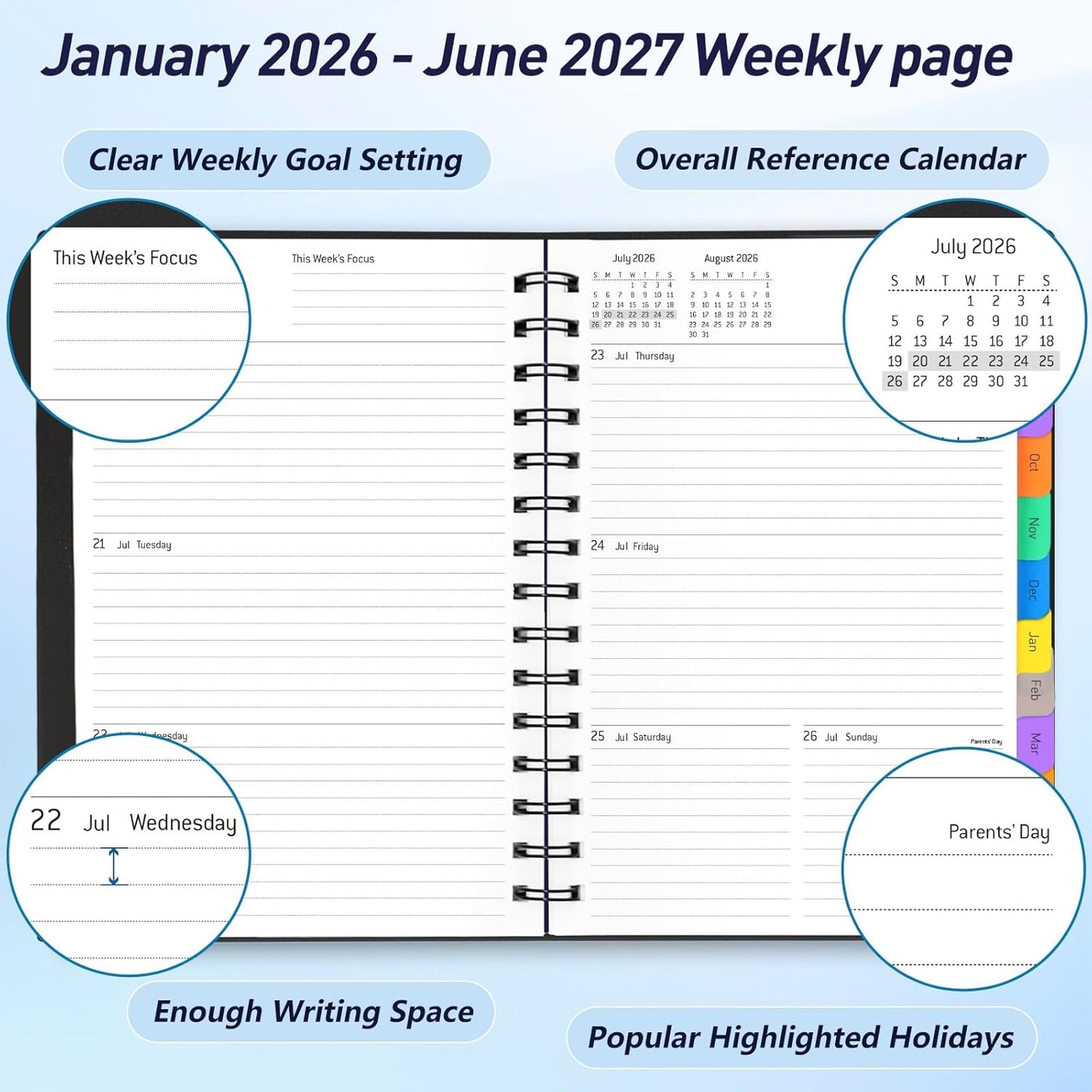 Daily Planner 2026-2027, 18-Month Weekly and Monthly Calendar Planner, January 2026 - June 2027, Planning Agenda Book with Laminated Tabs, Flexible Cover, 100GSM Thick Paper, A5 Size,Black