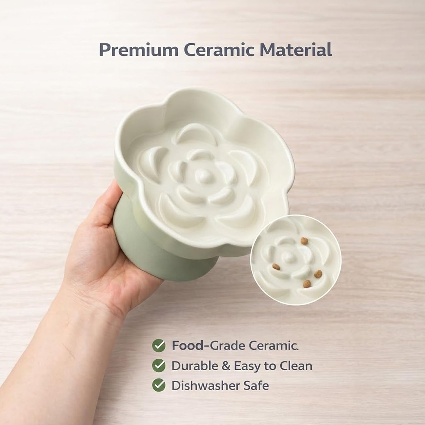 Ceramic Elevated Slow Feeder Cat Bowl, Raised and Gently Tilted Feeding Dish with Maze Design, Whisker-Friendly, Easy to Clean, for Indoor Cats and Small Dogs (Green/Ivory)