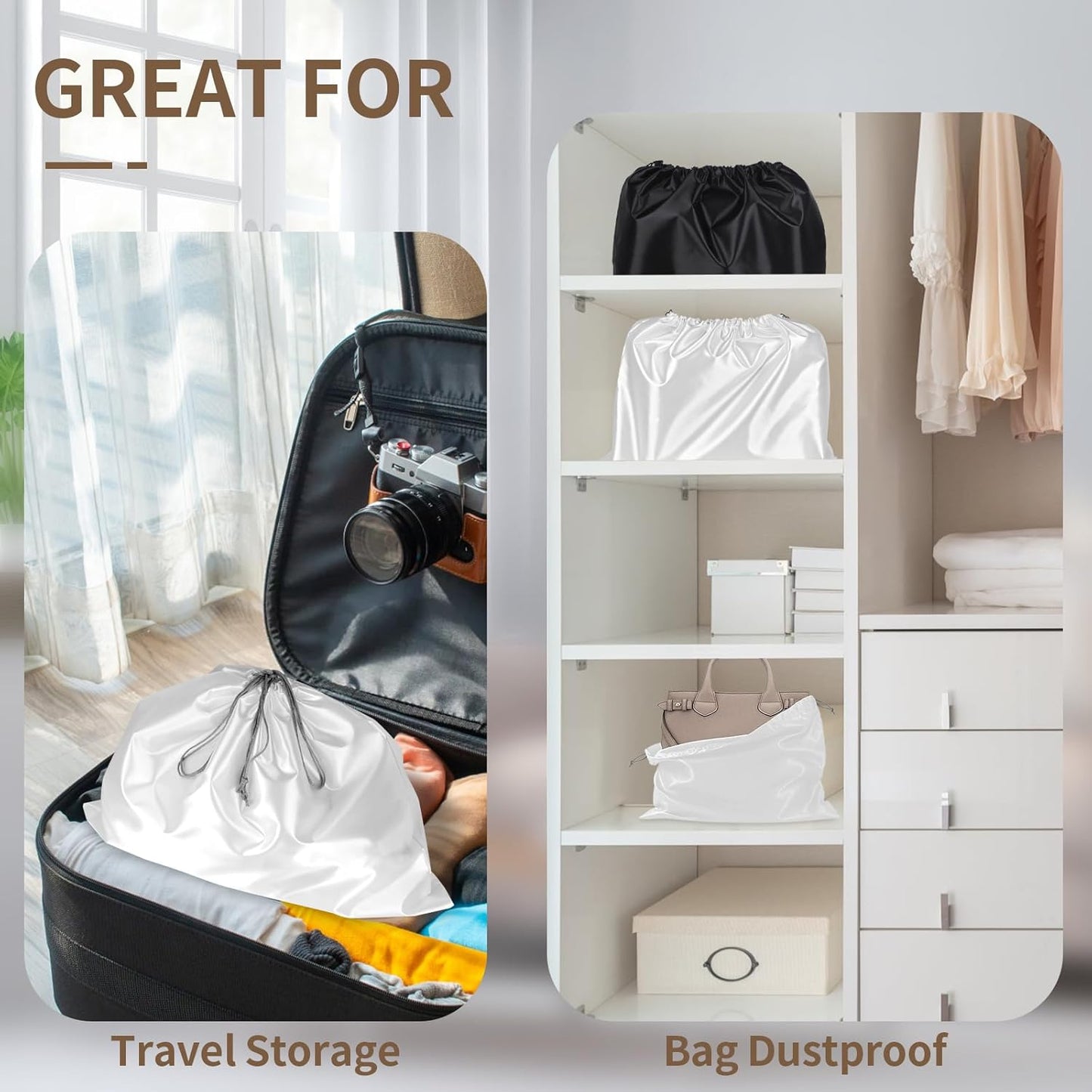 4 Pack Dust Bags for Handbags, Dust Cover Bag for Handbags Purses Cloth Shoes, Silk Large & Middle Daily Travel Storage Pouch Dustproof Drawstring Bag (White, 2 PCS, 24 x 20", 2 PCS, 19.5 x 16")