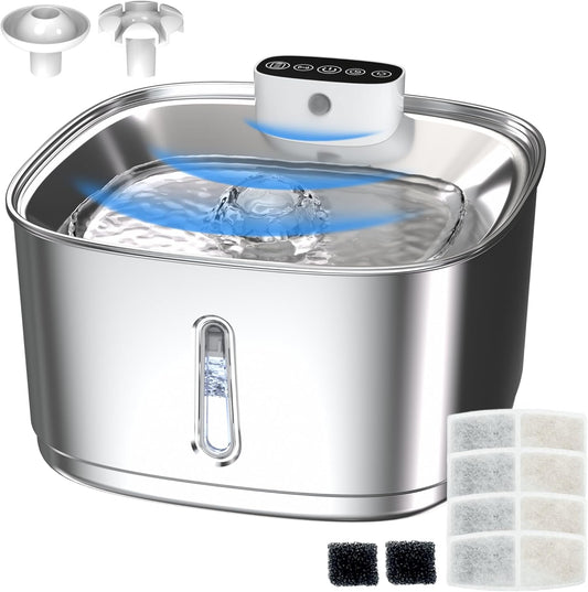 Cat Water Fountain Stainless Steel- 108oz/3.2L Pet Water Fountain Cordless with Motion Sensor, 4 Replacement Filters, Ultra-Quiet Auto Dog Water Dispenser Battery Powered (Stainless Steel)