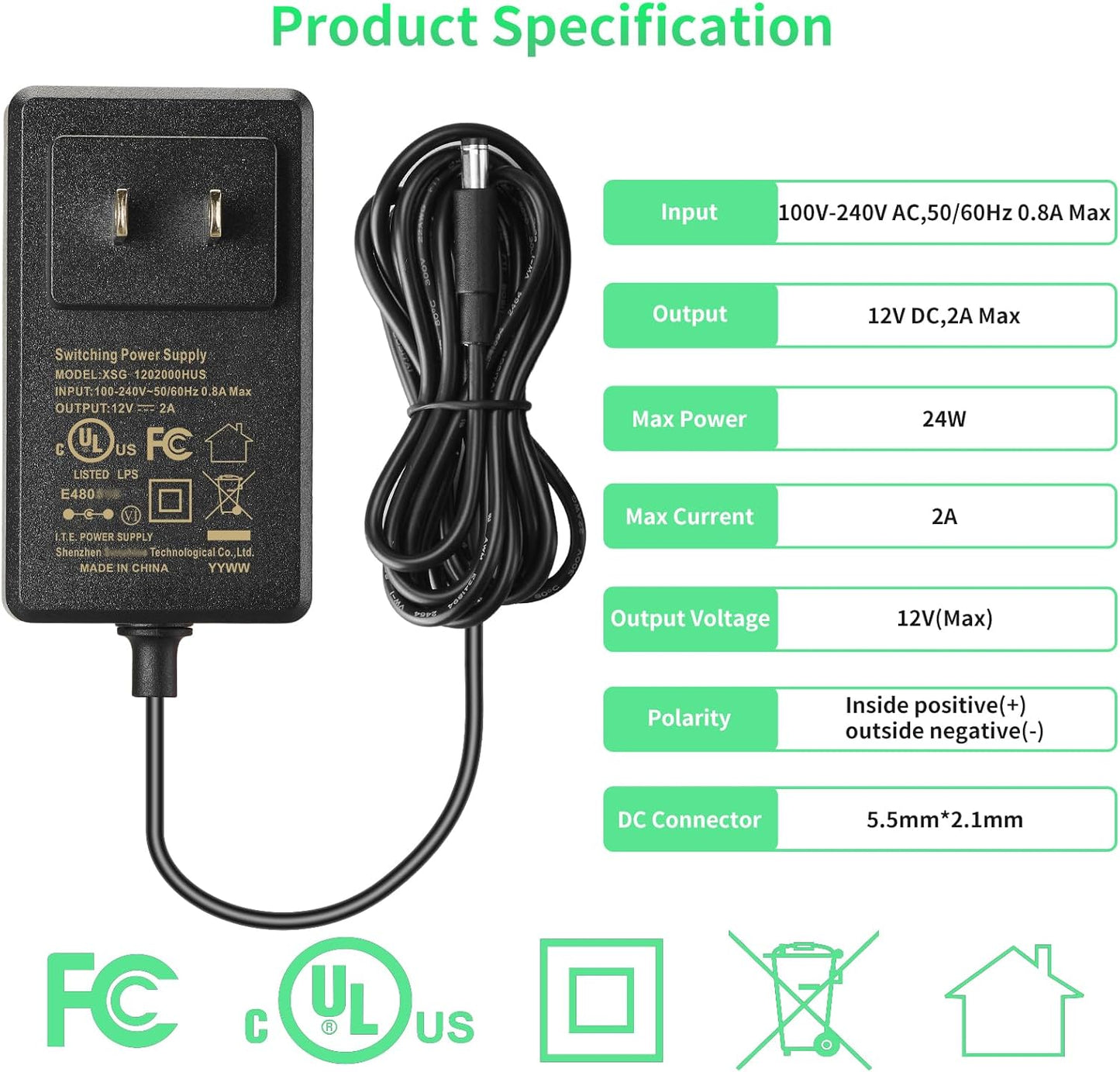 12V 2A Power Supply Class 2 UL Listed with LED Dimmer Switch,24W 100-240V AC/DC 12Volt 2Amp 1.5A 1A Adapter Power Supply with 5.5mm x 2.1 DC Jack Connector for LED Strip Light & Other Device