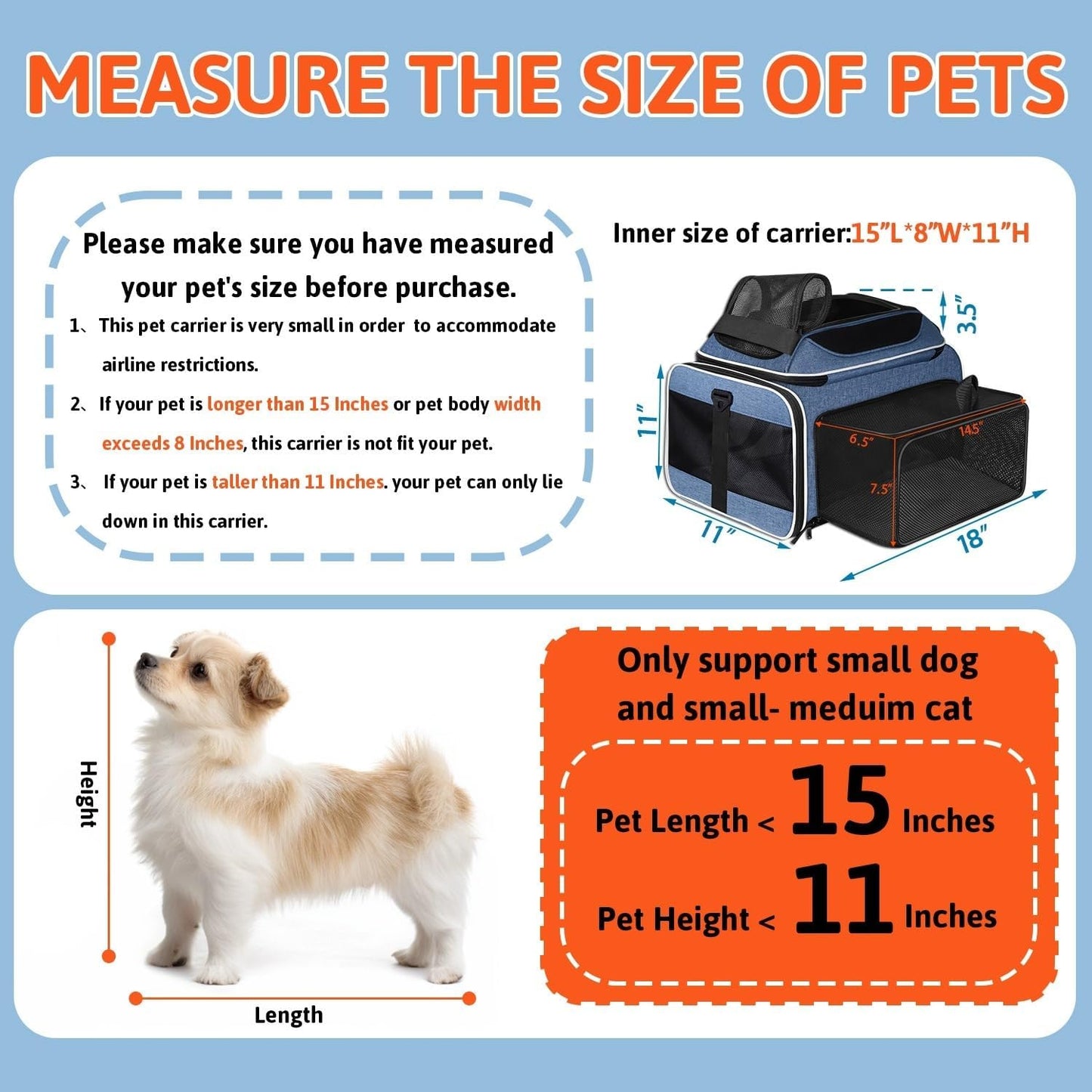 Petskd Top and Side Expandable Pet Carrier 18x11x11 Inches Delta United Airline Approved, Soft-Sided Carrier for Small Cats and Dogs with Locking Safety Zippers and Anti-Scratch Mesh(Blue)