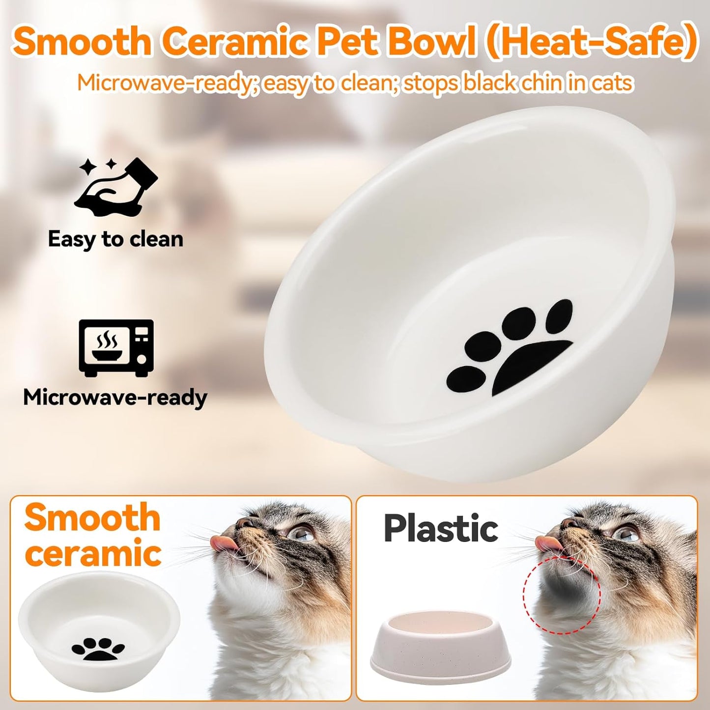 Ceramic Elevated Cat Bowls Kitty Bowls - 15° Tilt Anti-Vomiting, Silicone Mat Included, Whisker Friendly for Indoor Cats & Small Dogs (2-Pack) (Black)