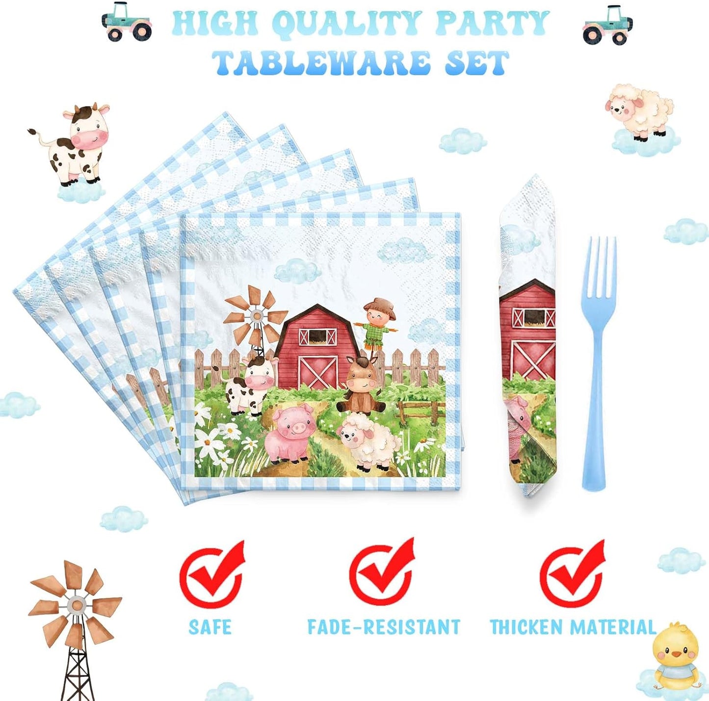 Farm Birthday Party Supplies for Boys Tableware Set, Farm Birthday Decorations, Farm Animal Birthday Décor Boy, Blue Farm Animal Themed Plates Napkins Forks, Serves 24 Guests