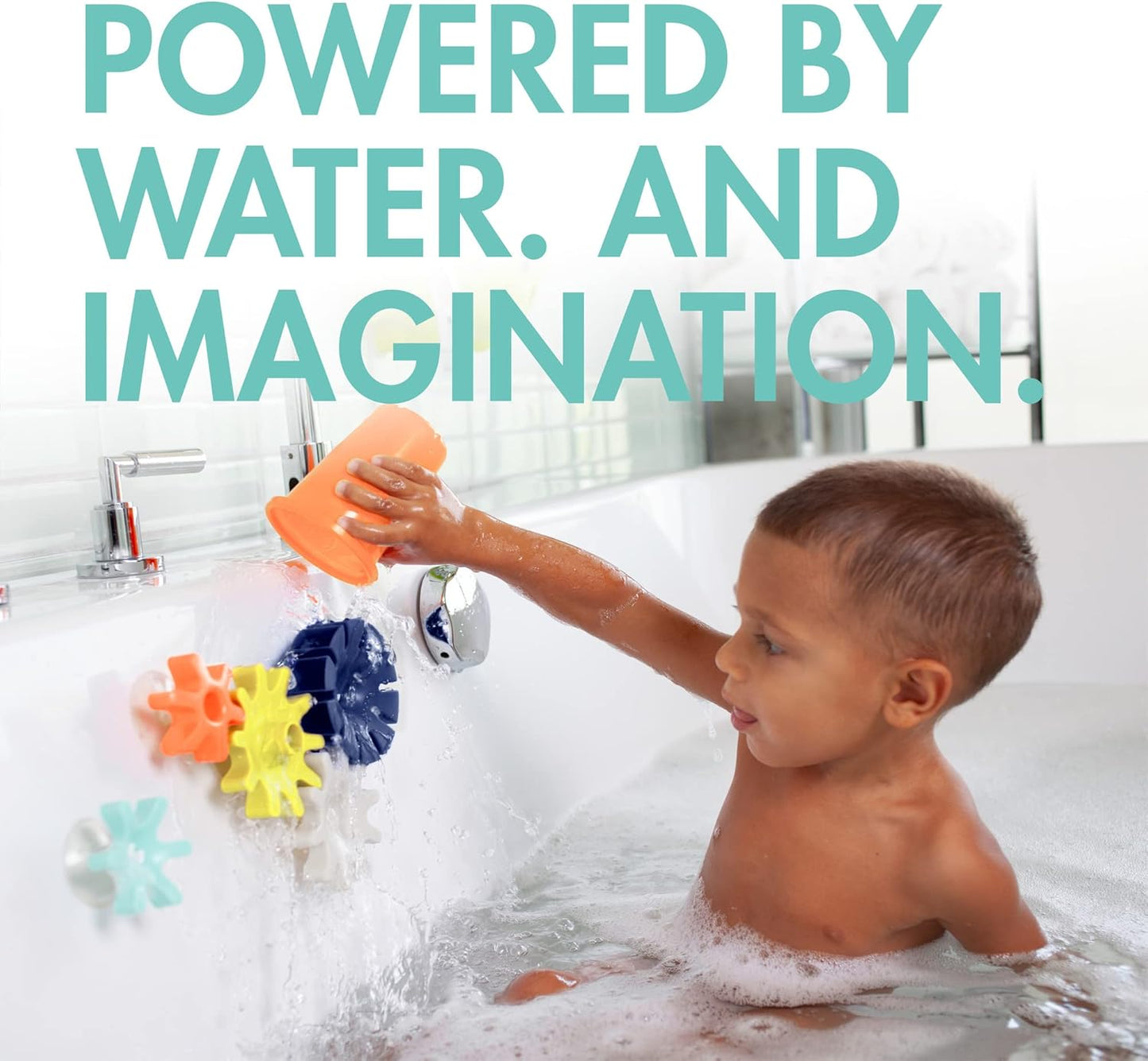 Boon Cogs Baby Bath Toys - Spinning Gear Themed Sensory Baby Toys for Bathtub - Suction Toys for Bathtub Walls - Navy and Yellow - 5 Count - Ages 12 Months and Up