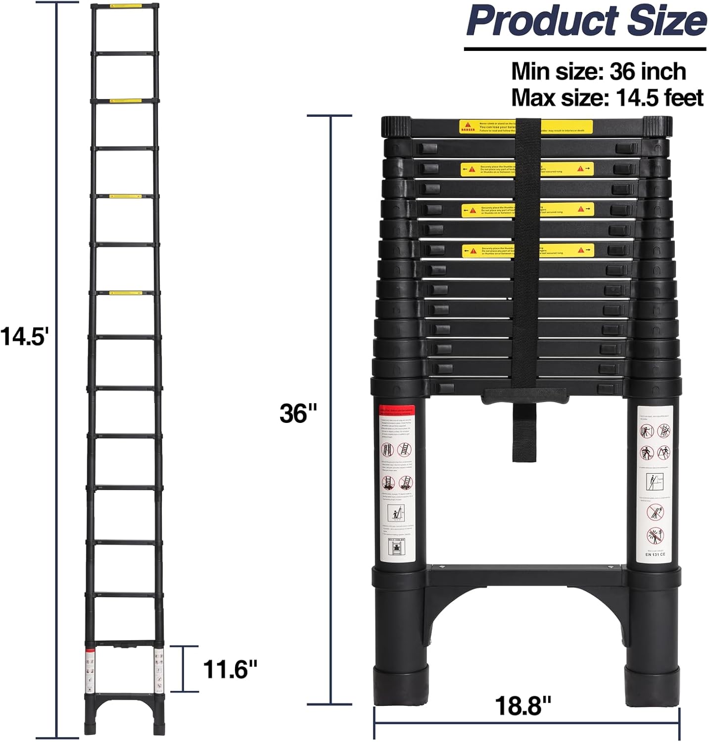 BOCOM 14.5 FT Aluminum Telescoping Ladder, Lightweight Multi-Purpose Collapsible Extension with 2 Triangle Stabilizers, Heavy Duty 330 lbs Max Capacity, Ideal for Home, RV, and Outdoor Work Black