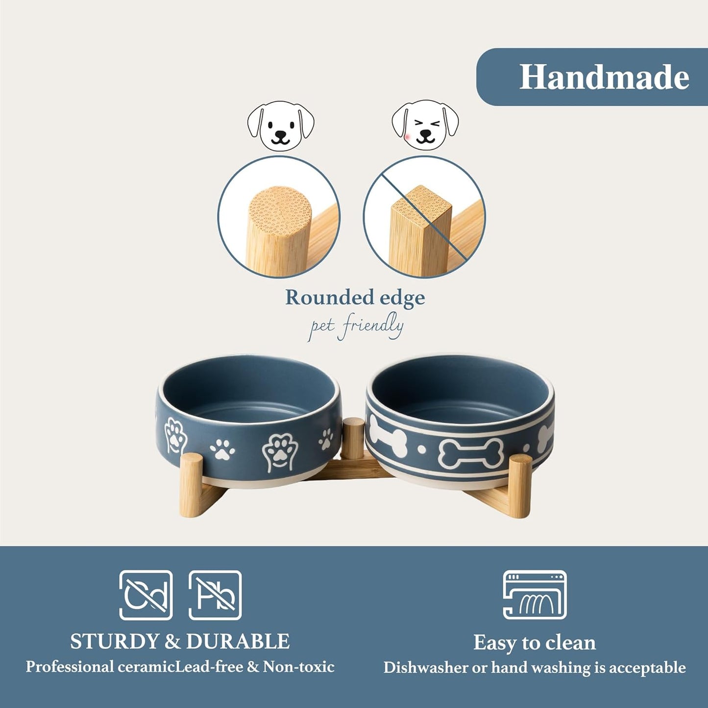 Dog Bowls Set with Stand, 1.5 Cups Ceramic Puppy Bowls for Dogs, Dual Dog Food and Water Bowls with Bone Pattern,Weighted Non-Slip Base (S-1.5 Cups)