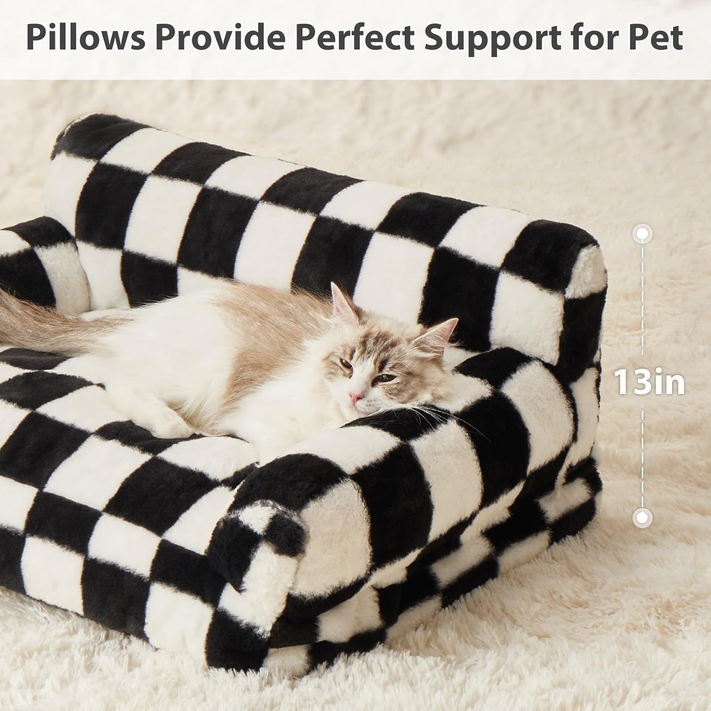 BFPETHOME 고양이 소파 및 강아지 소파 침대, 작은 반려동물을 위한 반려동물 소파, 귀여운 고양이 소파, 세탁 가능한 커버가 있는 체크 무늬 강아지 침대 (블랙 & 화이트)
