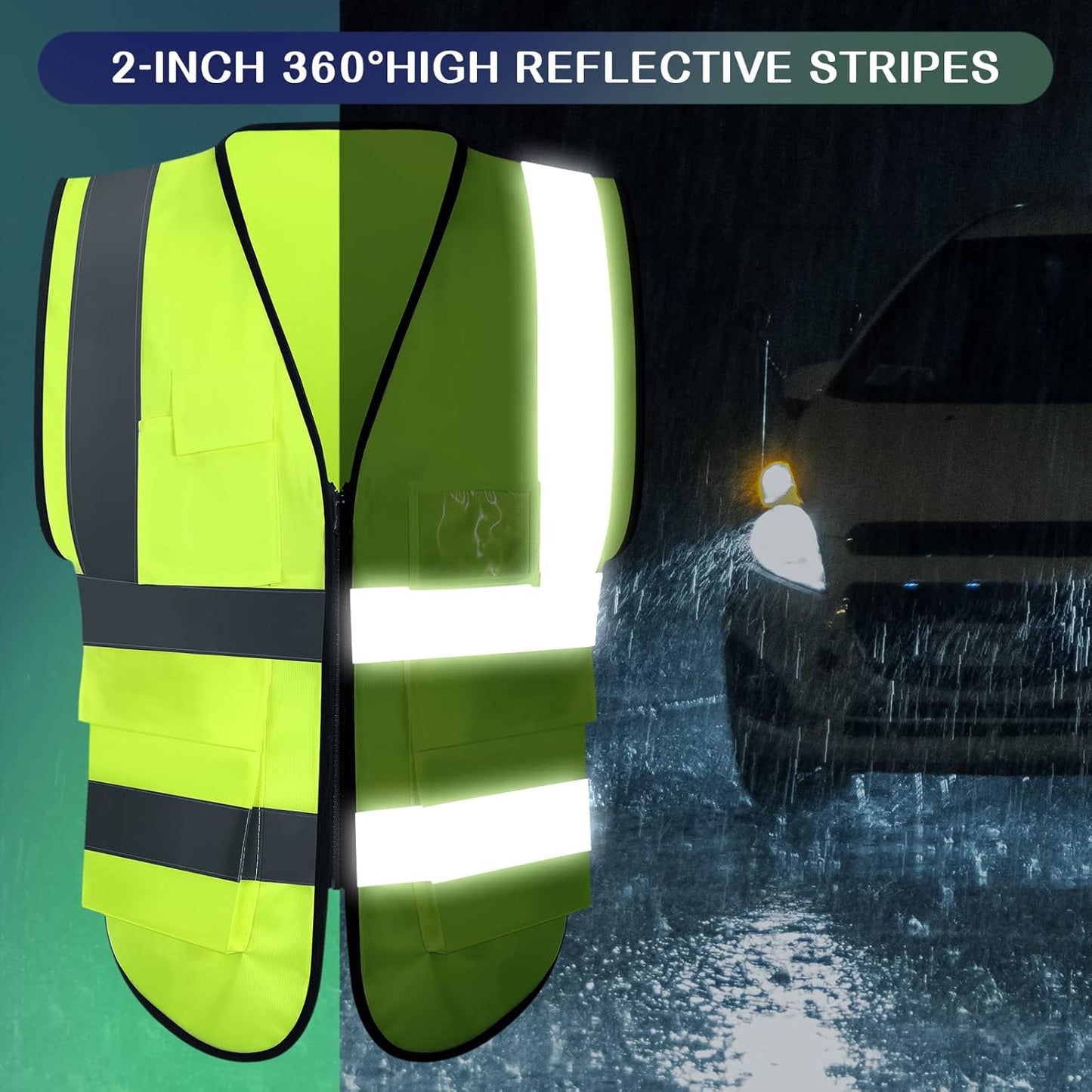 JaGely 15 Pack Reflective Safety Vests with Pockets and Zipper Construction Work High Visibility Vest for Men Women(Large,Fluorescent Green)