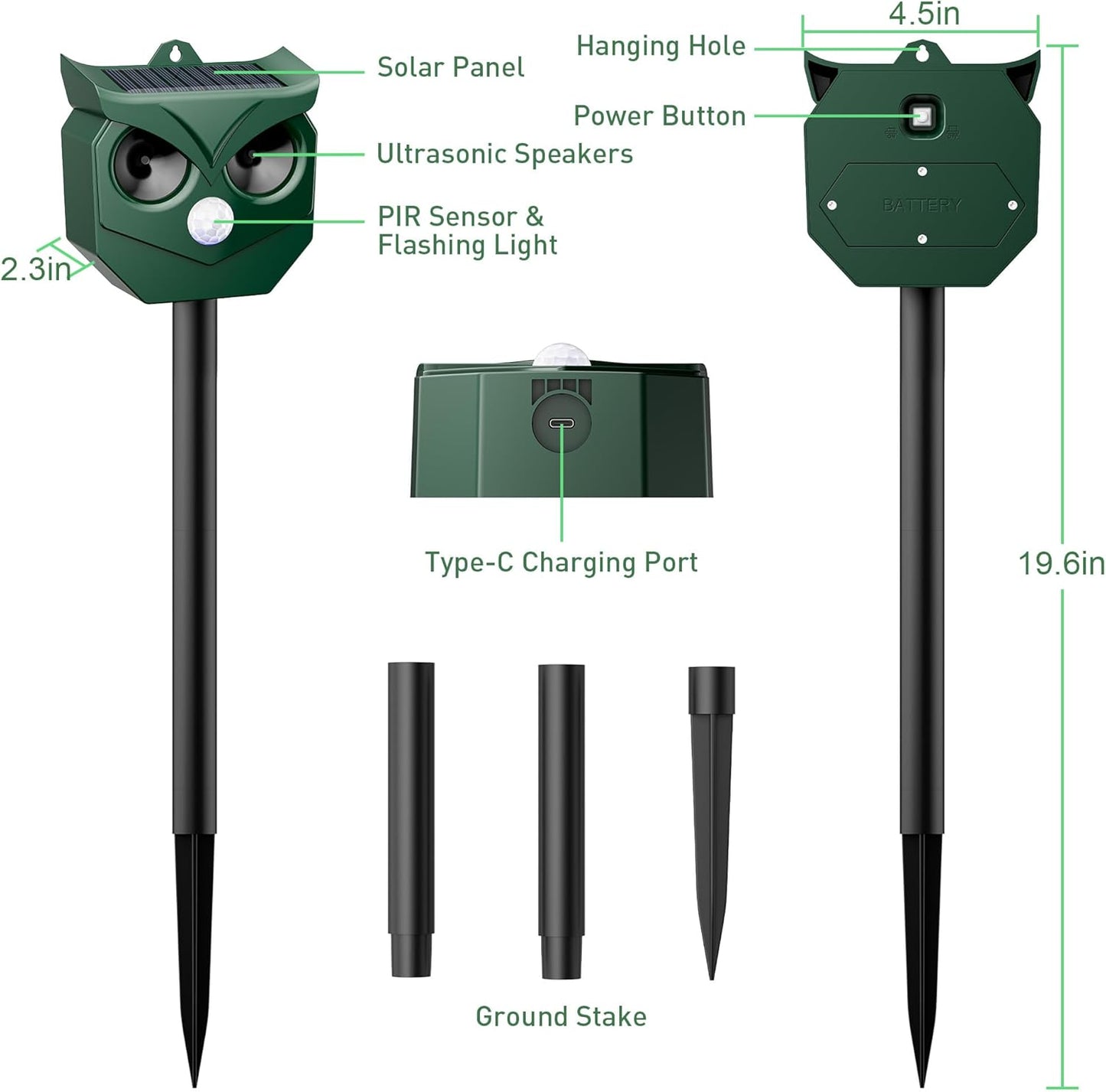 Ultrasonic Animal Repeller with LED Strobe Lights - Outdoor Solar Powered for Squirrels, Deer, Raccoons, Rabbits, Skunks, Cats, Dogs - Protects Garden, Yard, Lawn, Farm & Crops