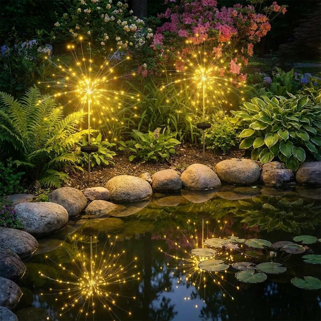 2 Pack Solar Firework Lights Outdoor - Verified 200 LED & 8 Modes - Starburst Solar Powered Garden Lights, Reinforced Durable Stakes, Waterproof Pathway Walkway Lights for Yard Patio Decor