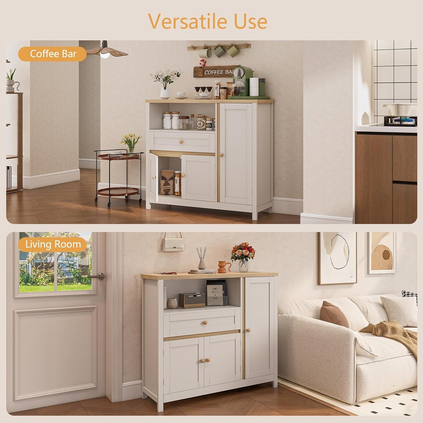 Storage Cabinet with Doors and Drawers,Kitchen Storage Cabinets，with Drawer and Adjustable Shelf（White）