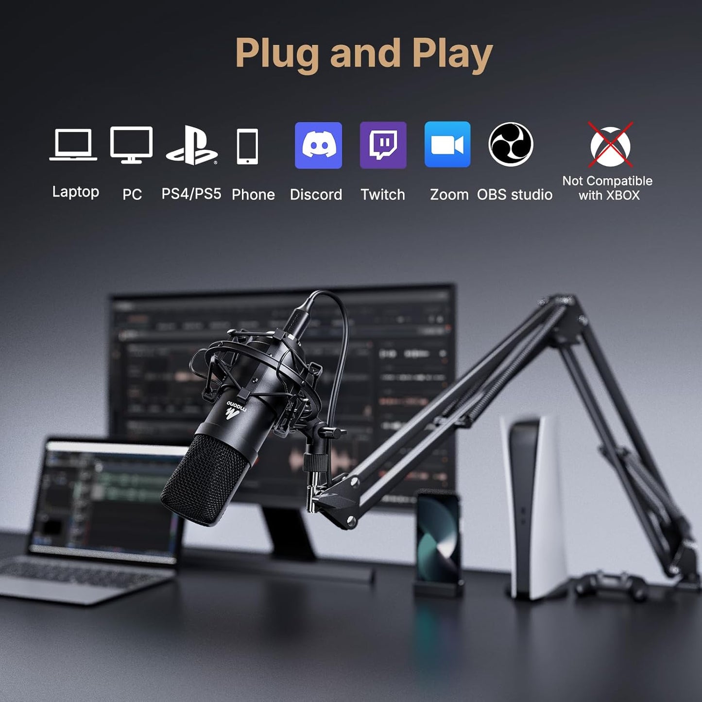 USB Microphone, MAONO 192KHZ/24Bit Plug & Play PC Computer Podcast Condenser Cardioid Metal Mic Kit with Professional Sound Chipset for Recording, Gaming, Singing, YouTube (AU-A04)