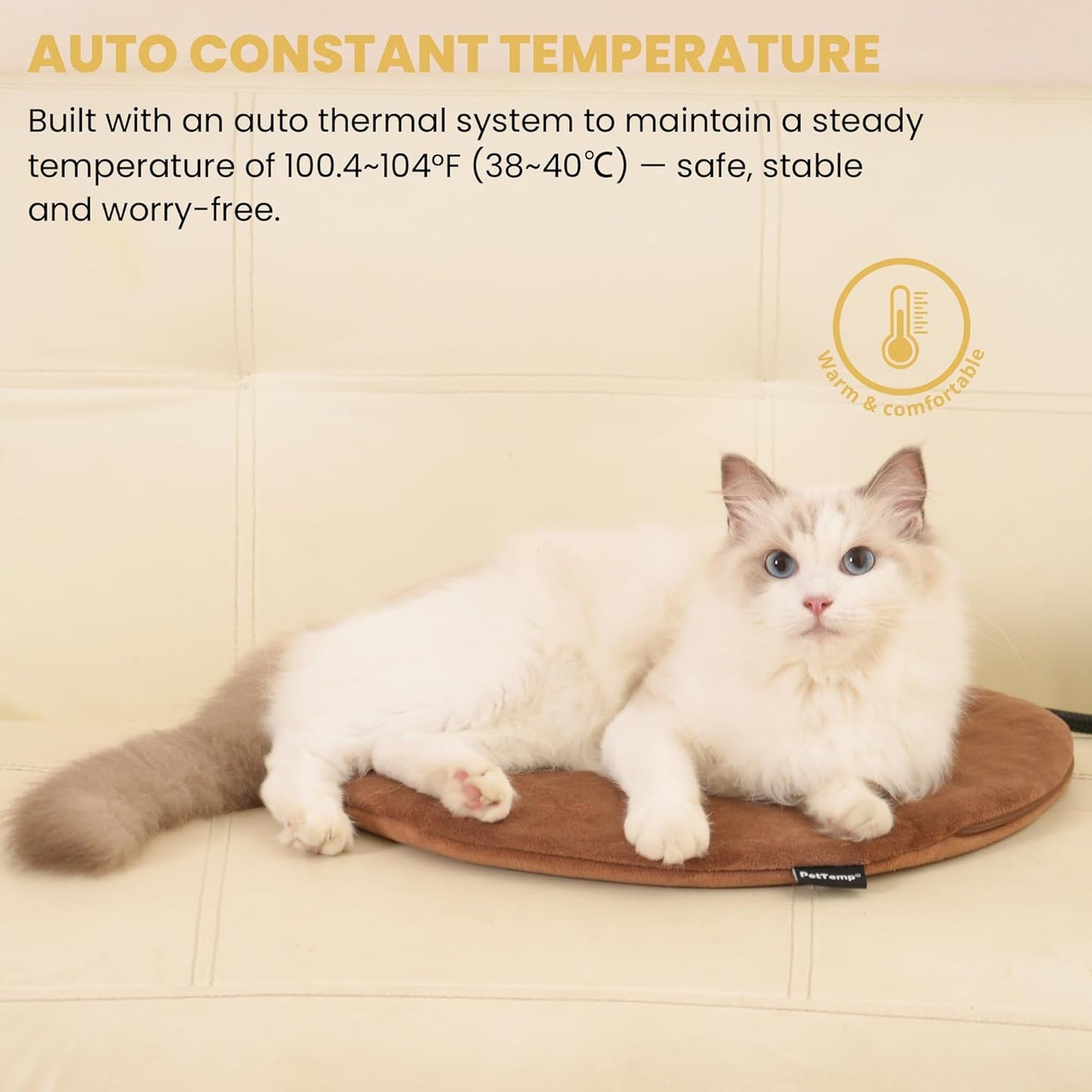 Pet Heating Pad for Cats Dogs Indoor & Sheltered Outdoor Waterproof Heated Cat Bed Heated Dog Bed Chew Resistant Cord Constant Temperature Brown Round 16 Inch