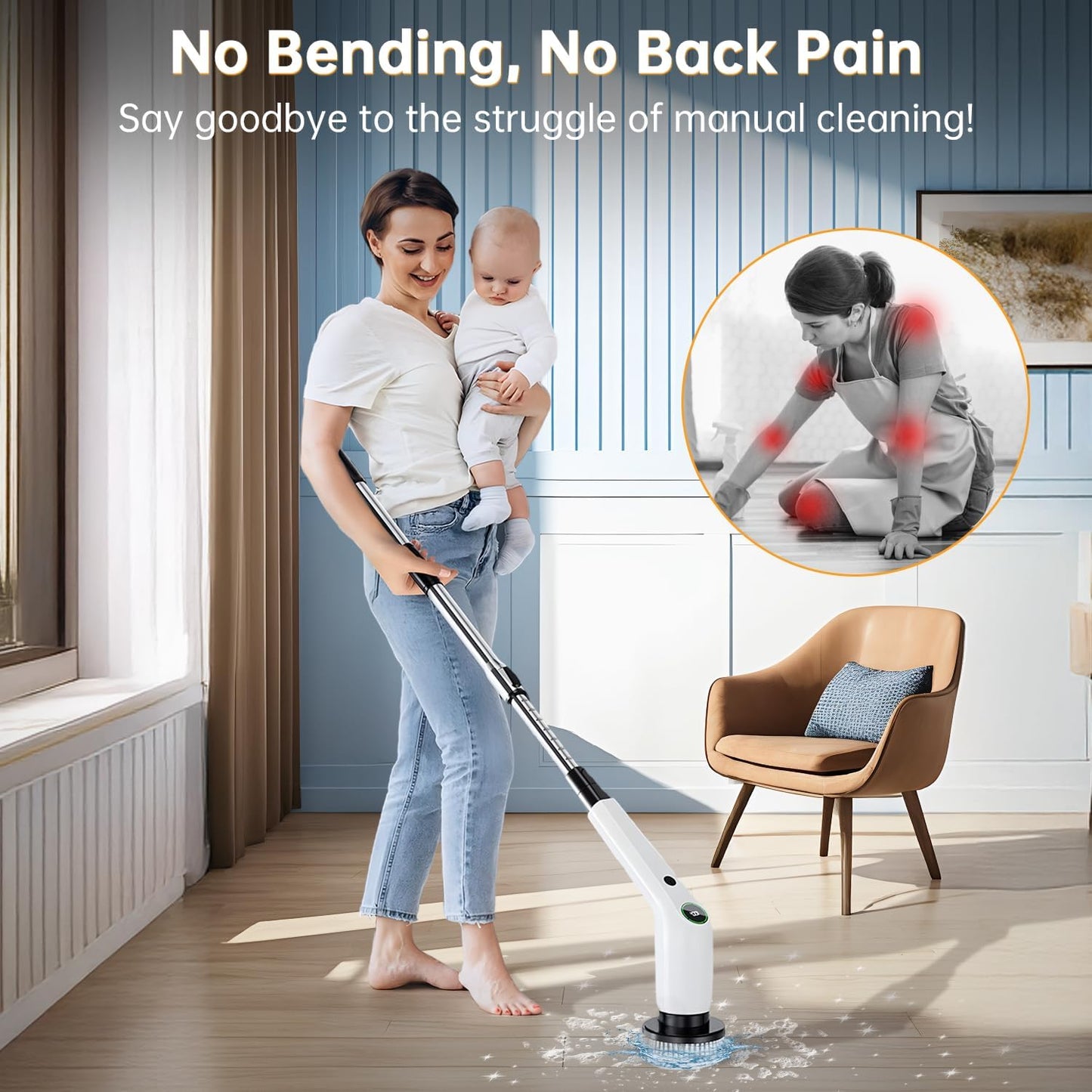 Electric Spin Scrubber, Cordless Shower Scrubber with 8 Scrub Brush, 2 Speed with Adjustable Extension Handle, Battery Level Display, Power Scrubber for Bathroom Bathtub Tile Floor (Black)