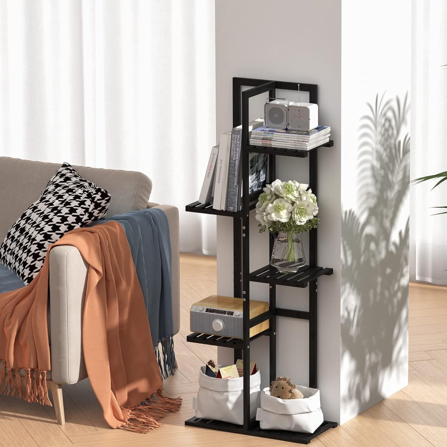 Laiensia 5 Tier Bamboo Plant Stand Rack 6 Potted Multiple Flower Pot Holder Shelf, Indoor&Outdoor Planter Display Shelves for Patio Garden, Living Room, Corner Balcony and Bedroom,Black
