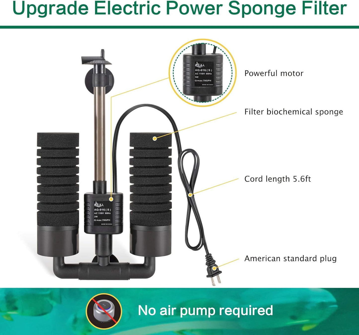 AQQA Aquarium Electric Power Sponge Filter,3W/5W Silence Submersible Foam Filter,Sponges Bio Ceramic Media Balls Double Filter for Saltwater Freshwater Fish Tank (S)