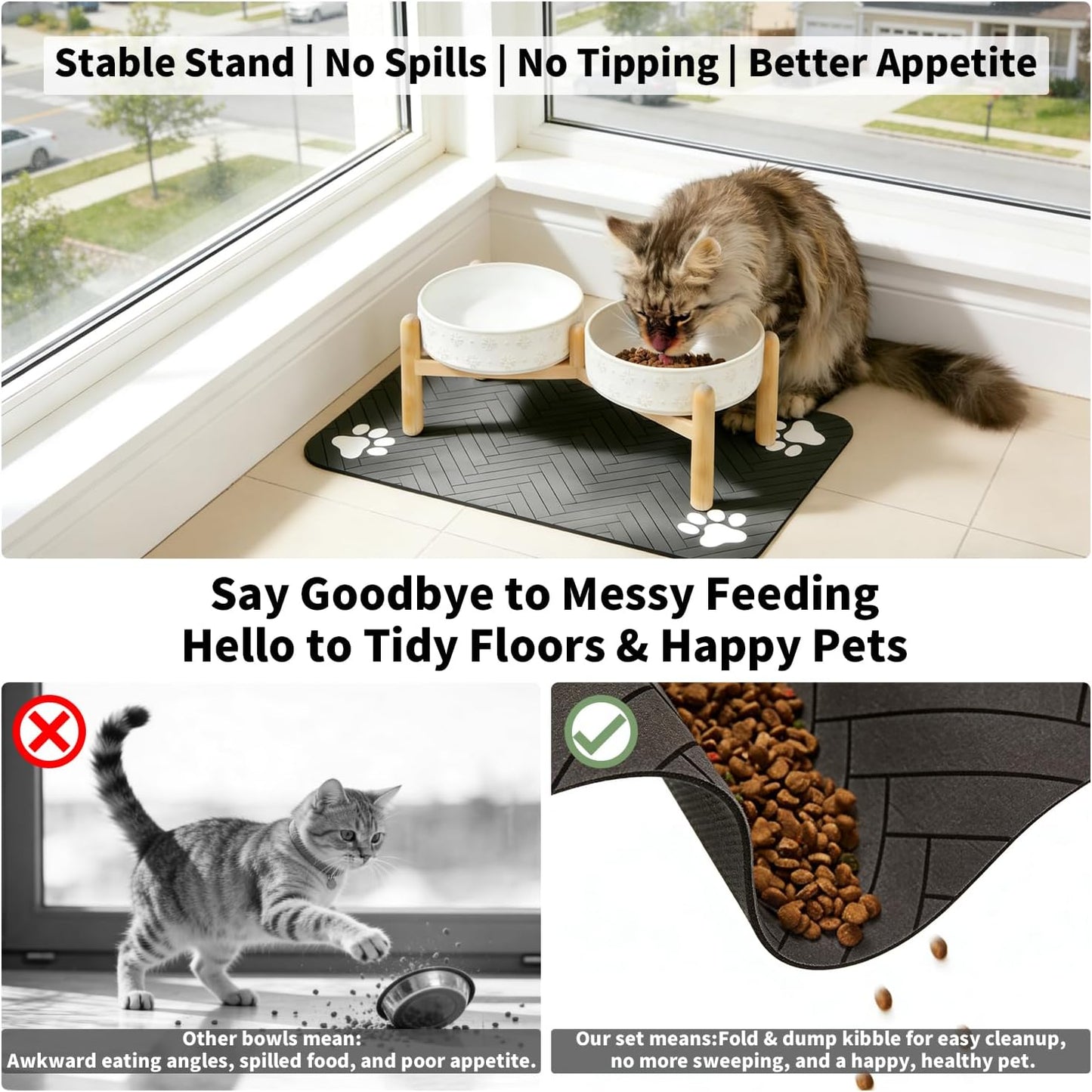 Raised Ceramic Pet Bowls Set with Wooden Stand & Waterproof Mat, 16oz Anti-Vomit Whisker-Friendly Bowls for Cats & Small to Medium Dogs, Non-Slip Stable Design