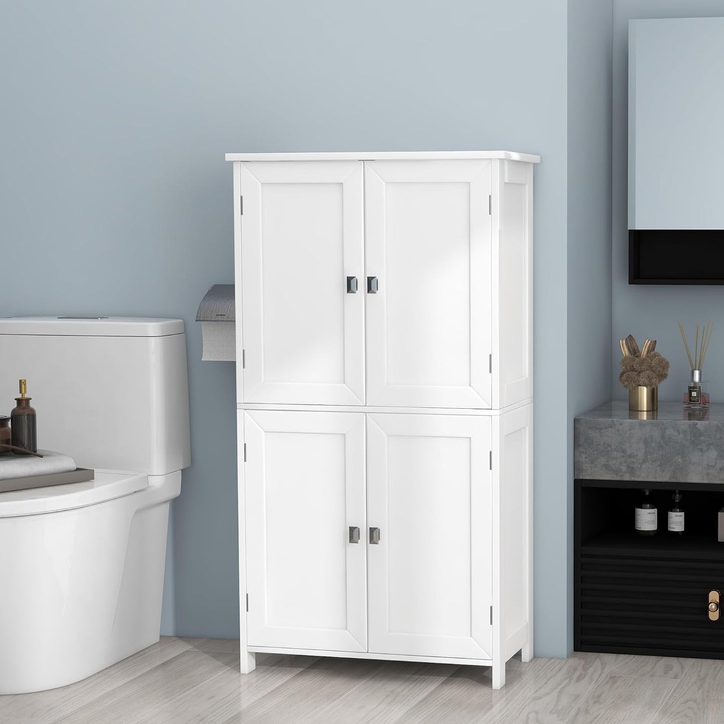 TaoHFE 2 Tier White Bathroom Storage Cabinet,Wood Bathroom Cabinets Freestanding with 4 Door Organizers Storages with Adjustable Shelves, Storage Cabinet for Living Room,Laundry Room,White