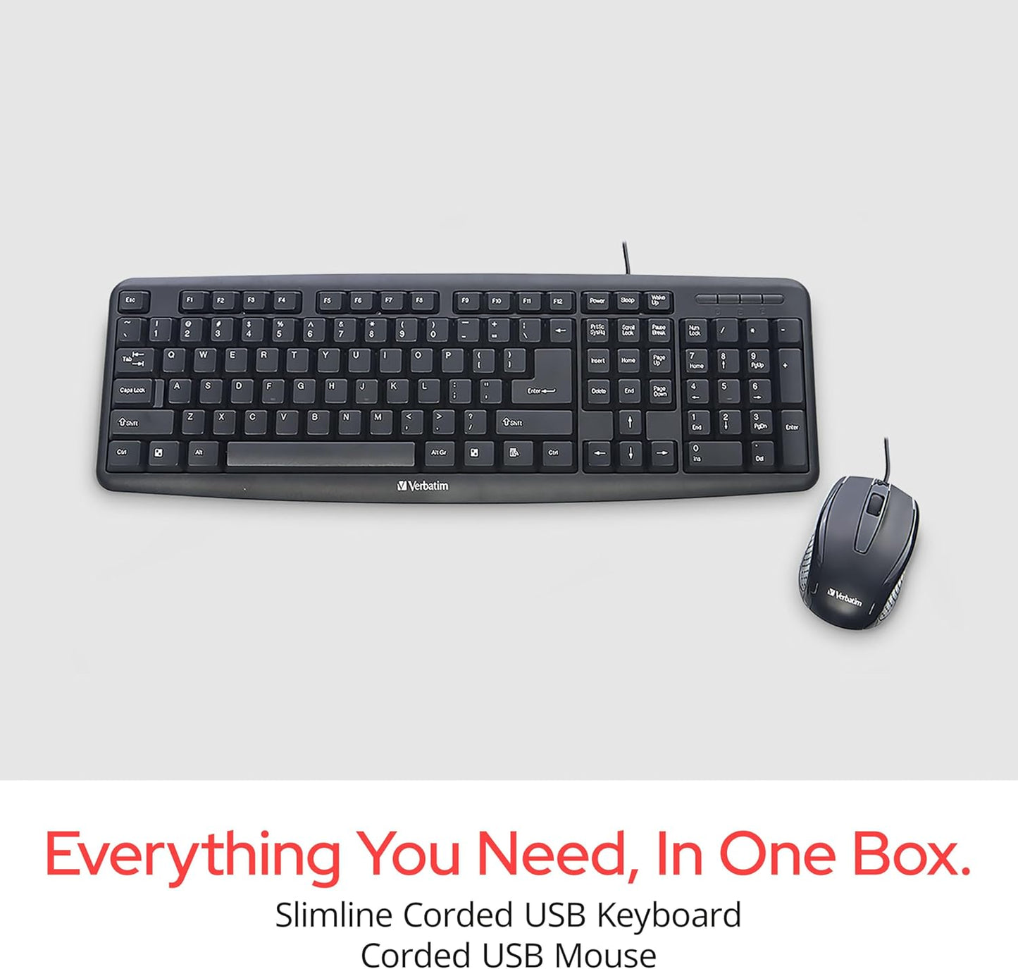 Verbatim Slimline Wired Keyboard and Mouse Combo USB Plug-and-Play Numeric Keypad Adjustable Tilt Legs Optical Corded Mouse Full-Size Computer Keyboard Compatible with PC, Laptop - FFP Packaging Black