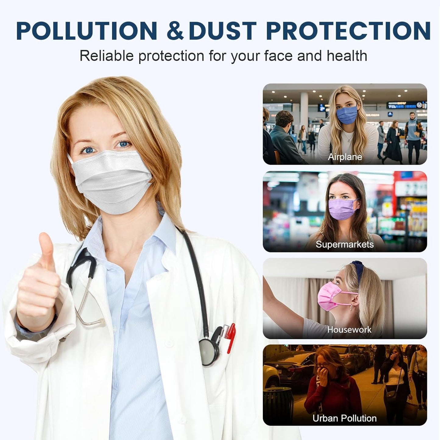 Disposable Face Mask for Adults - 4 Ply Protection, Individually Wrapped 50 Pack, 10 Colors, Breathable Comfortable & Safe
