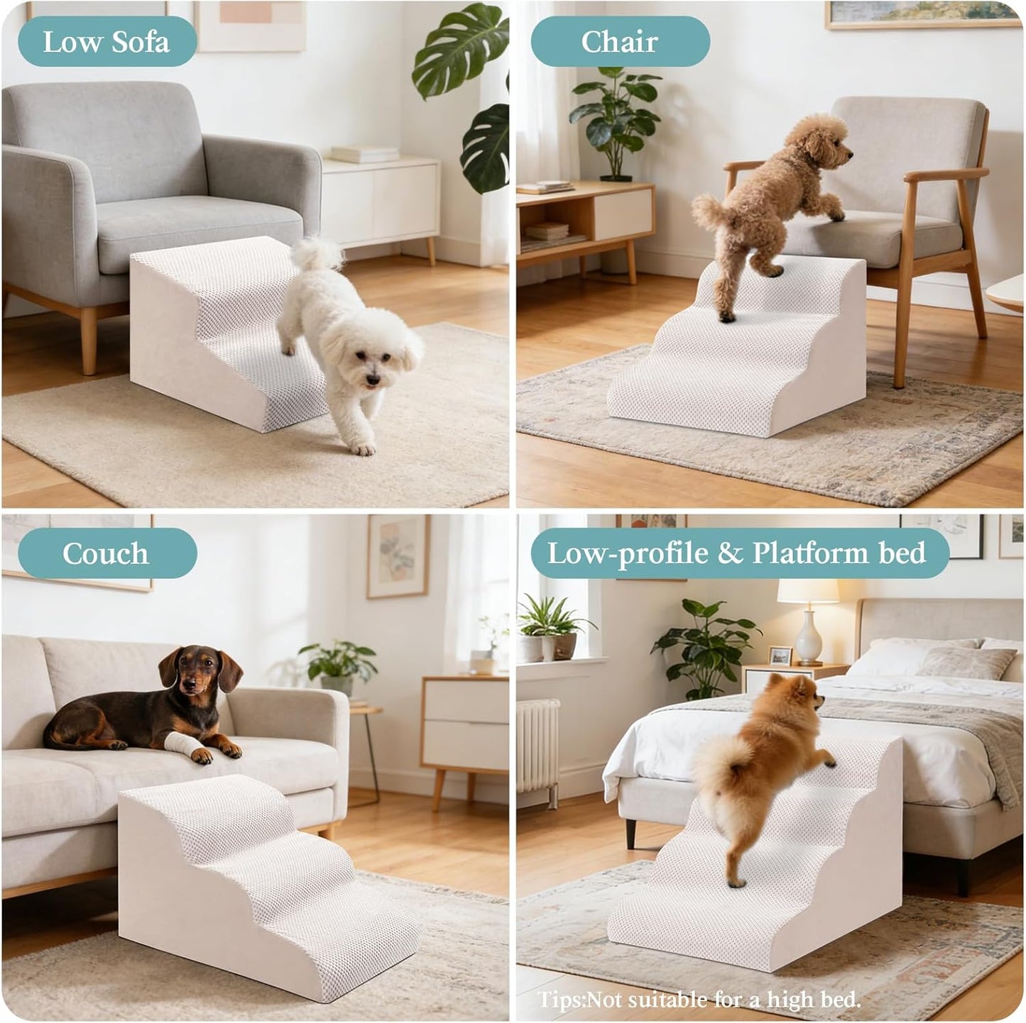 Dog Stairs for Small Dogs, 2-Step Dog Steps for Couch Sofa and Chairs, High-Density Foam Pet Steps Ramp with Removable Washable Cover for Older Injured Puppy Dogs and Cats, 11.81" H, Beige