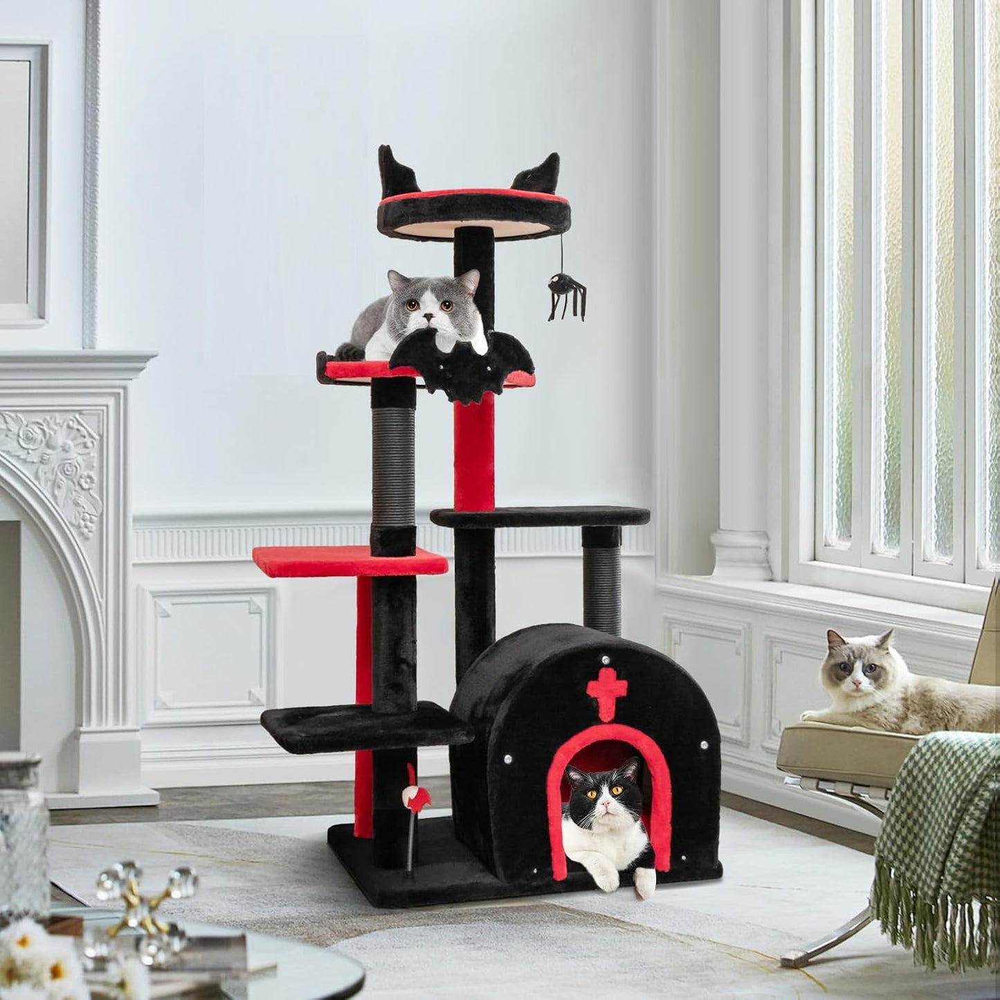 Tangkula Gothic Cat Tree, 53 Inch Black Cat Tower with Coffin Bed, Condo, Scratching Posts, Spider Pompom & Spring Balls, Halloween Pet Furniture, Spooky Goth Cat Tree for Indoor Cats