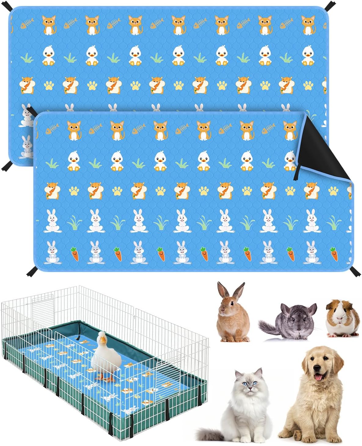 Bissap 2 Packs Guinea Pig Cage Liners, 48''X24'' Washable Guinea Pig Pee Pads Non Slip Reusable Fast and Super Absorbent Bedding for Small Animals Rabbit Hamster Chinchillas Rat - Blue