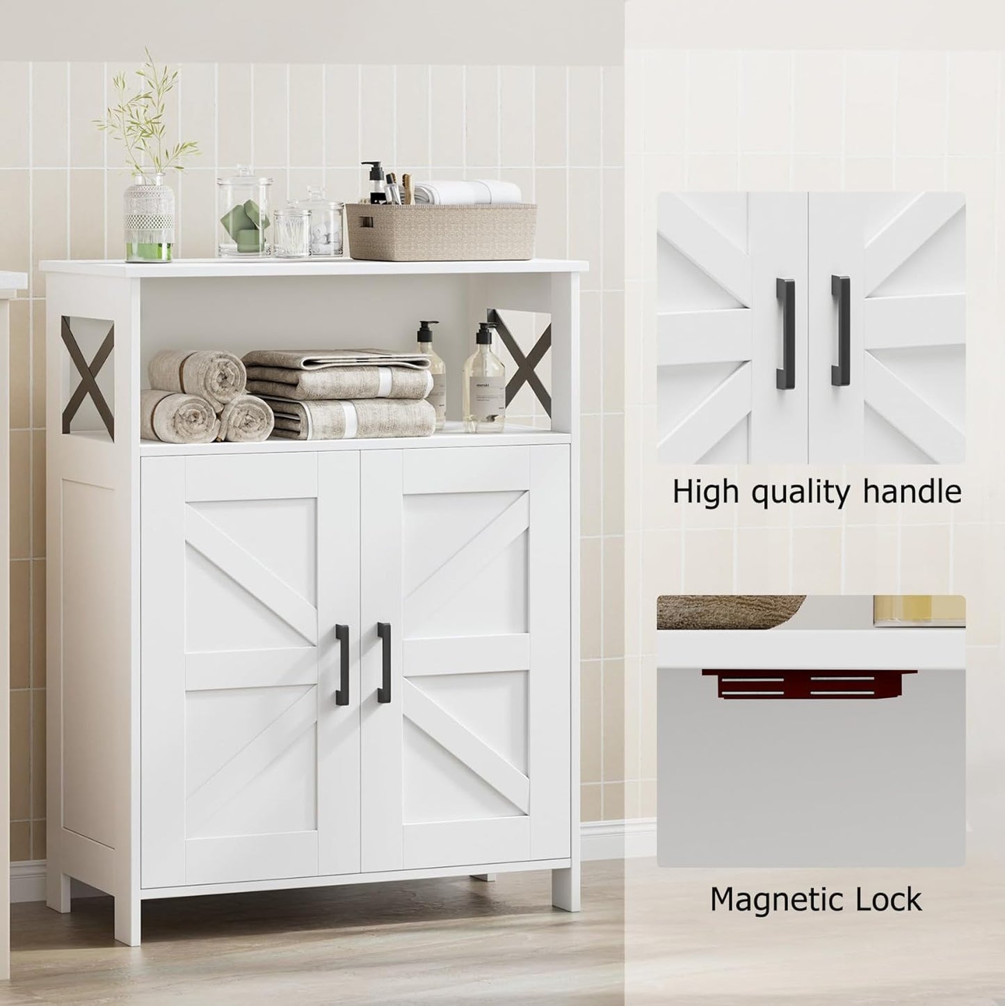 Homhedy Farmhouse Bathroom Storage Cabinet with 2 Doors, Toilet Paper Cabinet with Adjustable Shelves, Small Bathroom Cabinet for Kitchen/Laundry/Living Room, 11.8 x 23.6 x 31.5 Inches, White