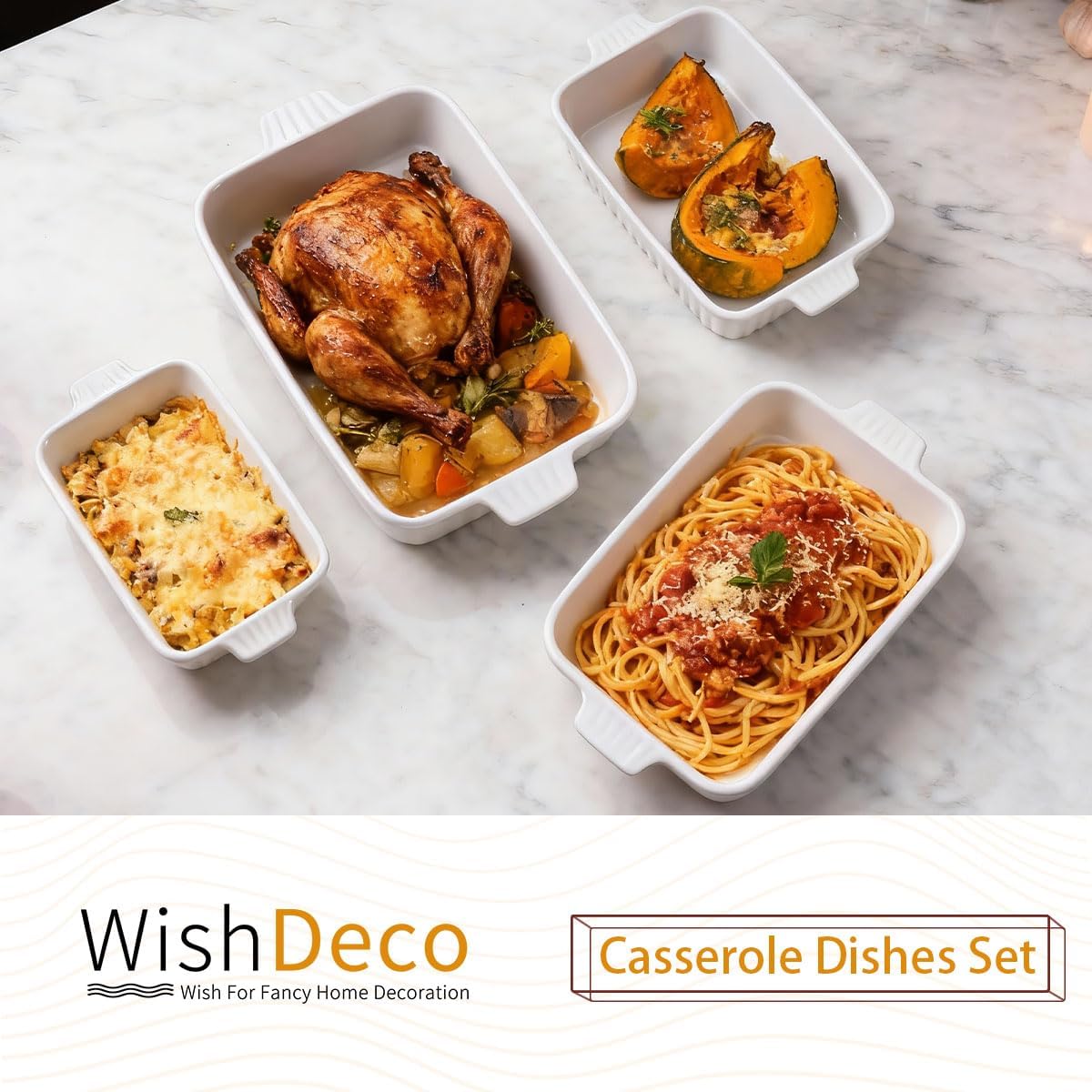 Ceramic Casserole Dishes Set of 4, Baking Dishes for Oven, Rectangular Lasagna Pan Deep with Handles, White Porcelain Bakeware (15''/12.4''/11''/9.6''), Microwave Safe