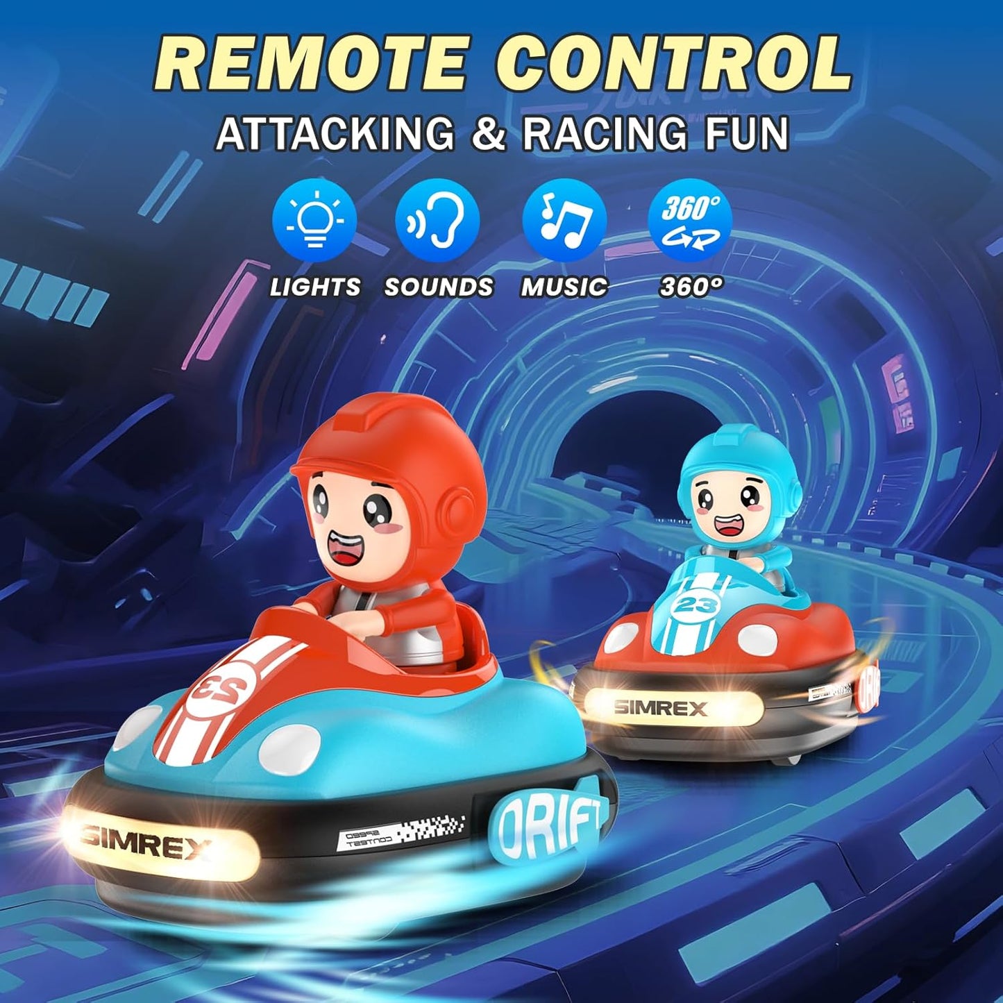 SIMREX Remote Control Bumper Cars for Kids - 2 Player Battle Set with Lights & Music, Toy RC Car for Toddlers Boys Girls Ages 3-8, Christmas Birthday Gift for Boys Girls