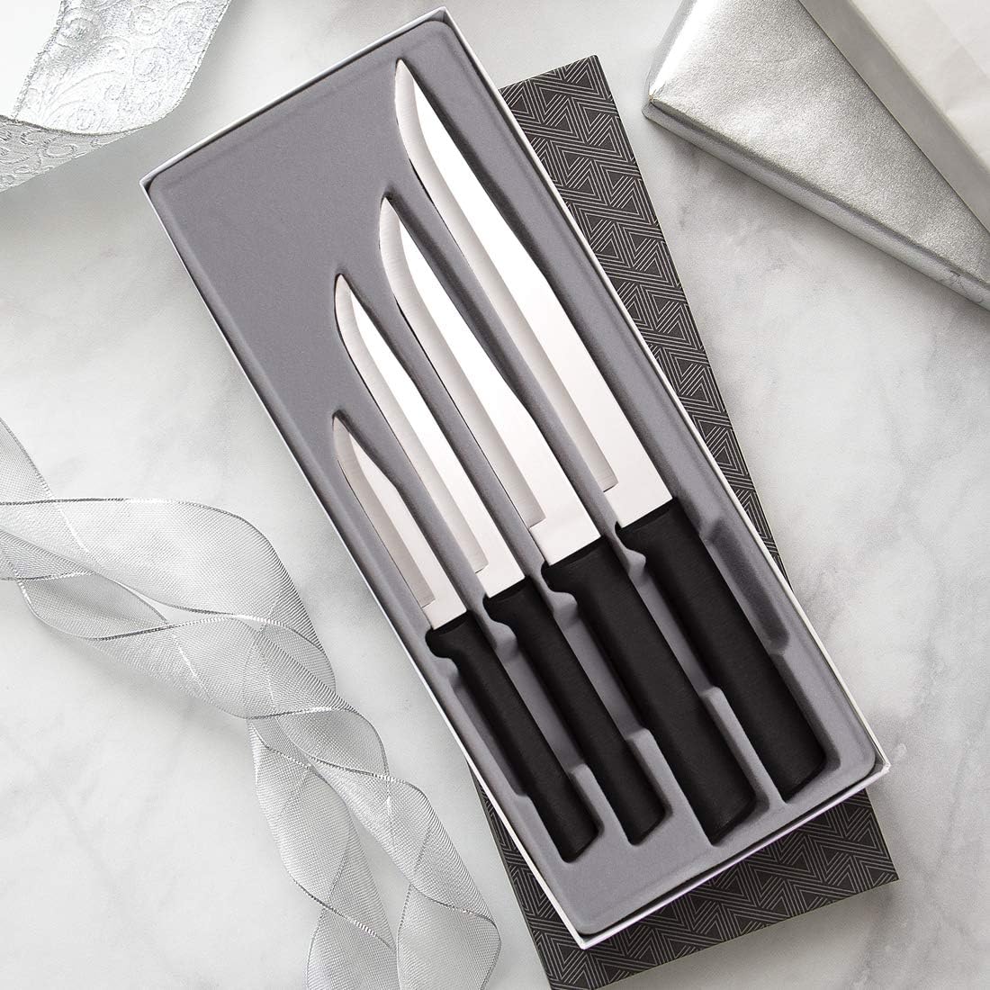 Rada Cutlery Wedding Register Gift Set (G204), 4-Piece Knife Set with Quick Edge Sharpener (R119), Black Handle