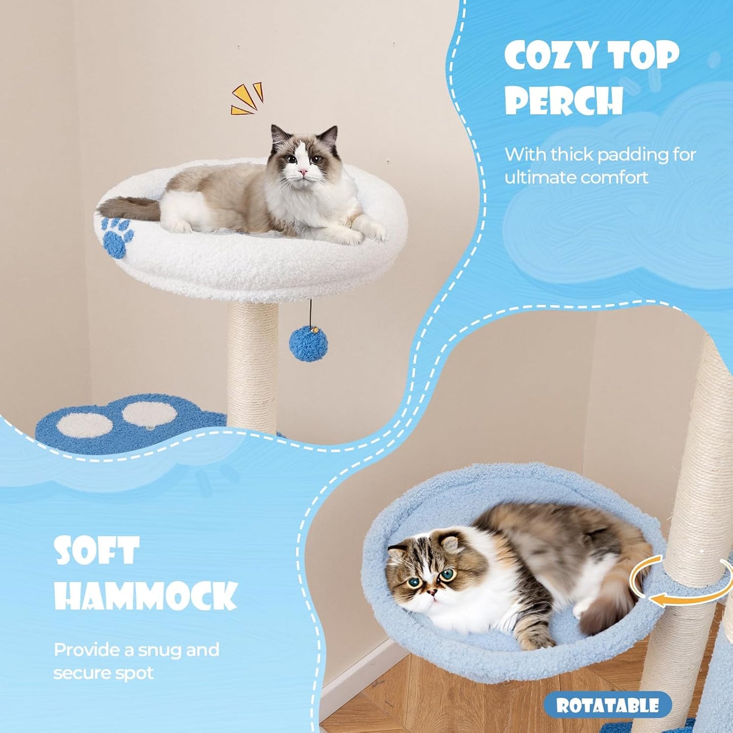 Tangkula Cat Tree Tower, 54 Inch Tall Cat Tree with Cat Condo, Hammock, Dangling Ball, Plush Fabric Top Perch, Cute Cat Tower with Sisal Scratching Post for Indoor Cats Large Adult