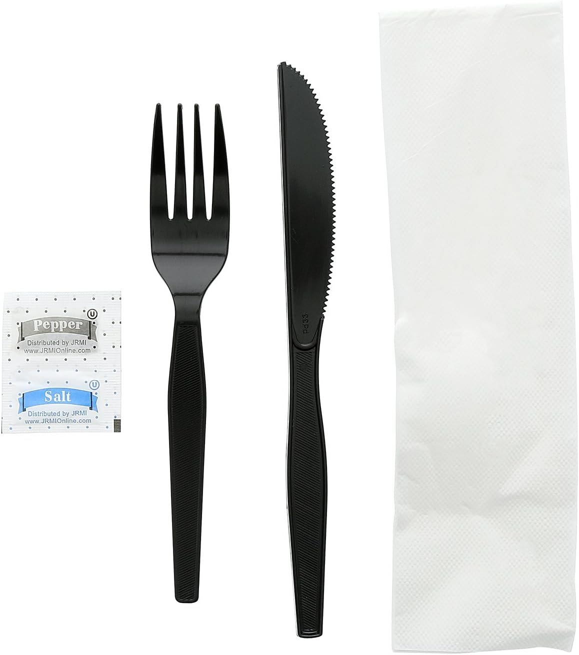 AmerCareRoyal 5-in-1 Disposable Silverware Heavy Duty Plastic Utensil Set with Fork, Knife, Salt & Pepper Packets, 13x17 inch 2-ply Napkin - Individually Wrapped Cutlery Meal Kit, Black, Case of 500