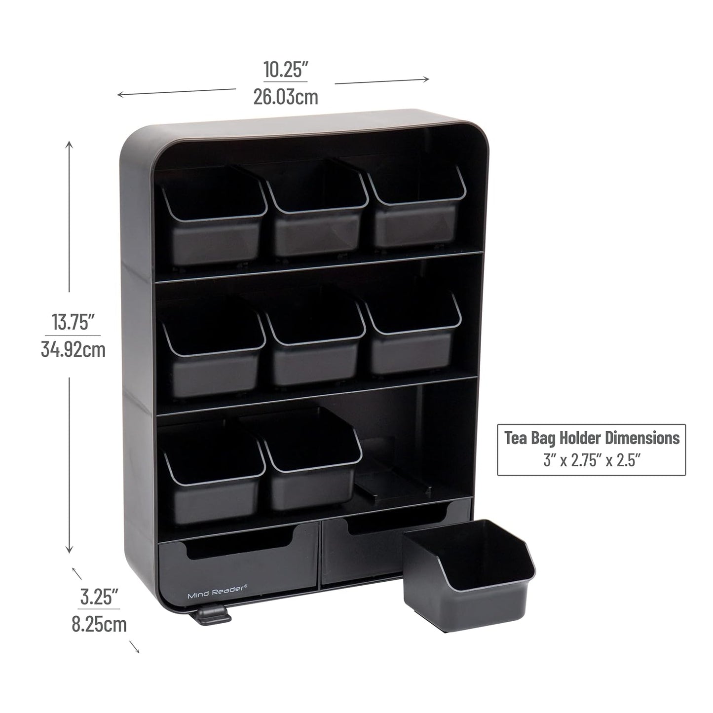 Mind Reader Tea Bag Organizer, Tea Station Organizer, Countertop Storage, Kitchen, Plastic, 10.25"L x 3.25"W x 13.75"H, Black