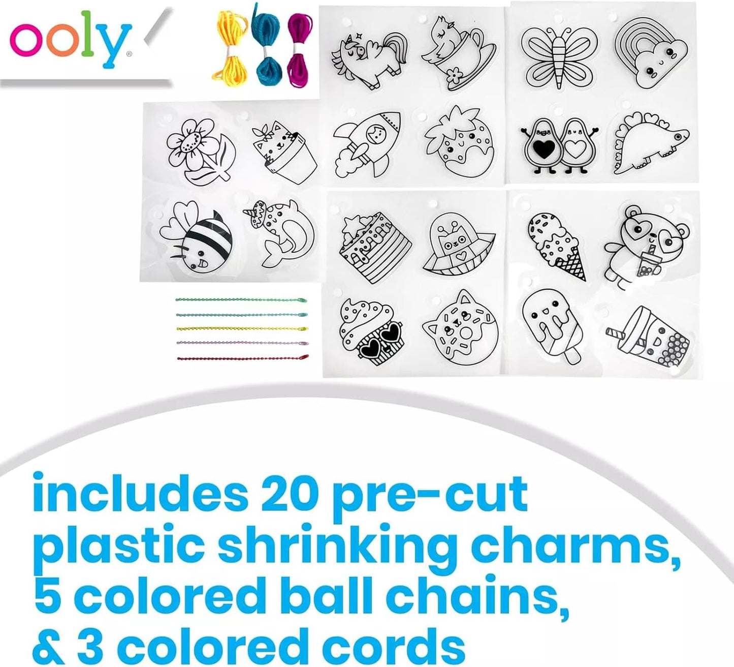 Ooly 28 PC DIY Shrinking Art Kit for Kids, 20 Plastic Pre Cut Charms and More, No Mess Creative Activity Jewelry Making Kit - Cute Crew