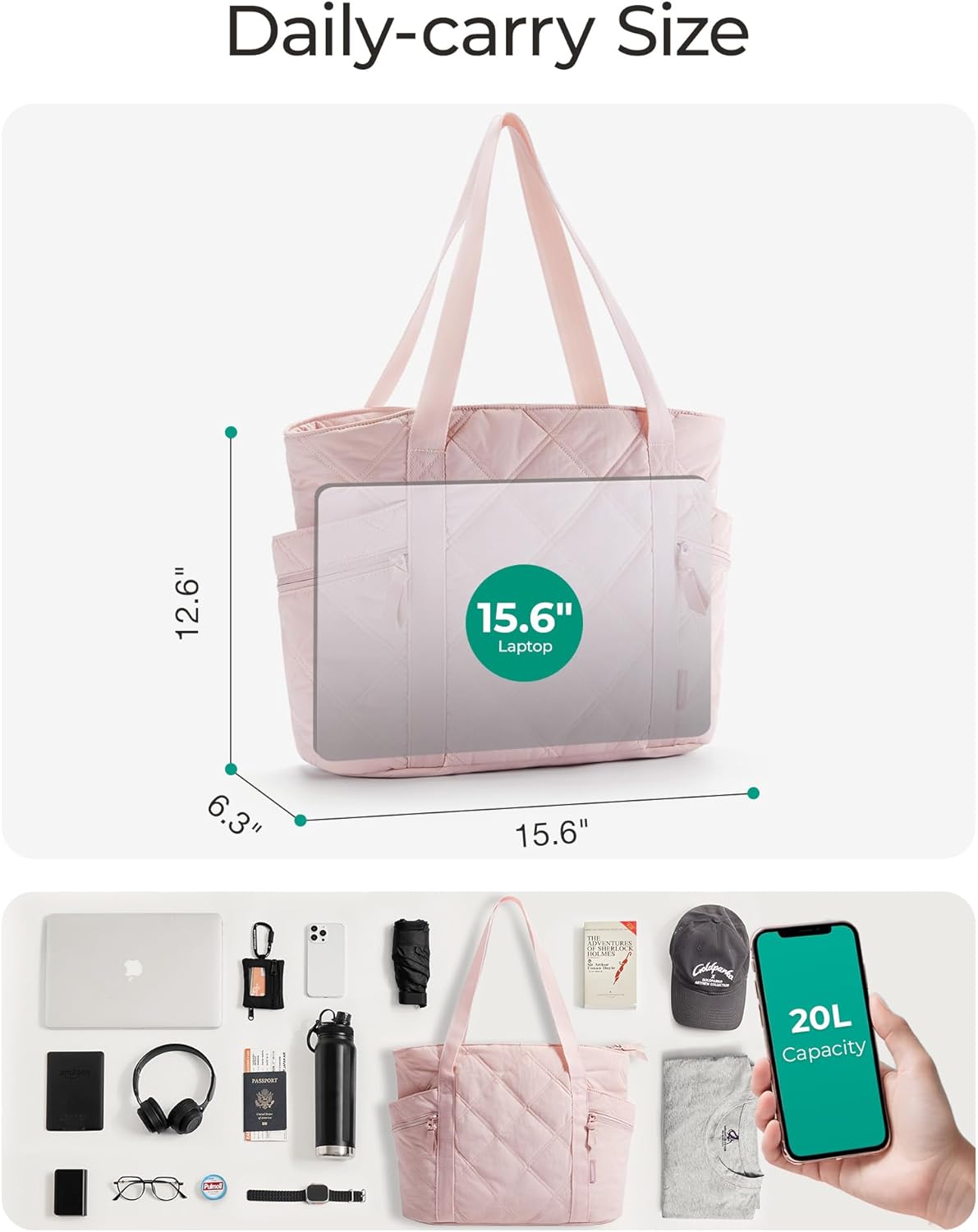BAGSMART Crush Tote Bag for Women, 20L Puffer Work Tote with Zipper, Travel Essentials Quilted Nurse Hospital Bag