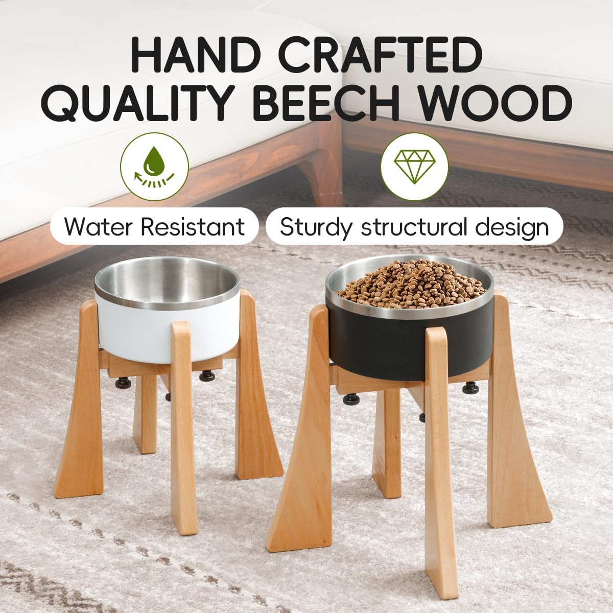 Elevated Dog Bowl Stand - Nature Beech Wood Stand 10-inch High Neck-Protecting Raised Stand for Medium & Large Sized Dog Adjustable Bowl Base Non Toxic Pet-Friendly Feeder Stand