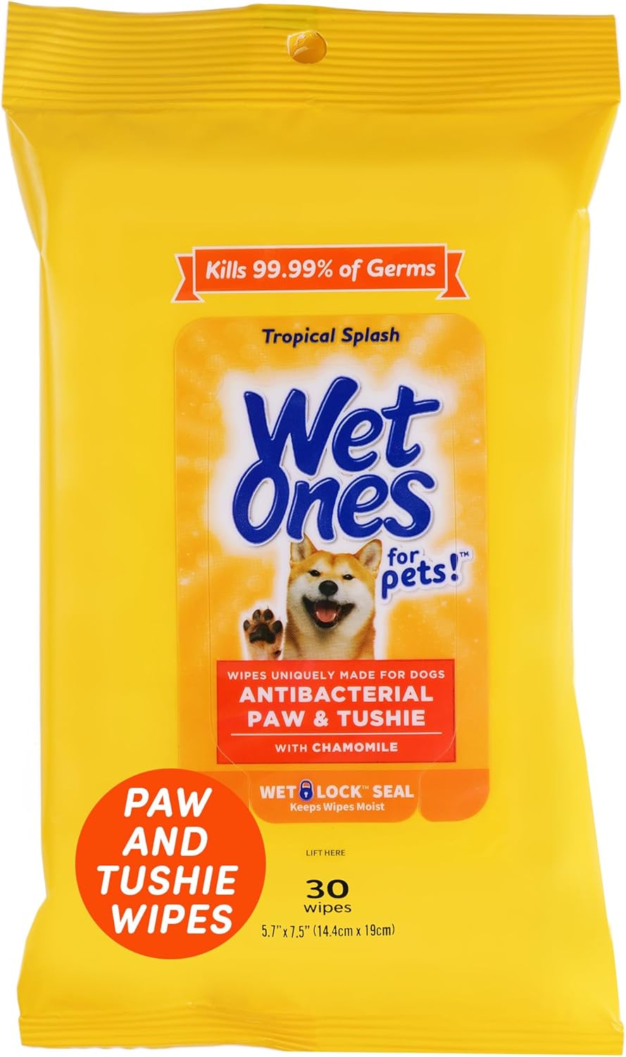 Wet Ones for Pets Paw & Tushie Dog Wipes with Chamomile, Tropical Splash Scent - Cleansing Wipes for Paws and Butt Between Baths with Wet Lock Seal, 30 Count