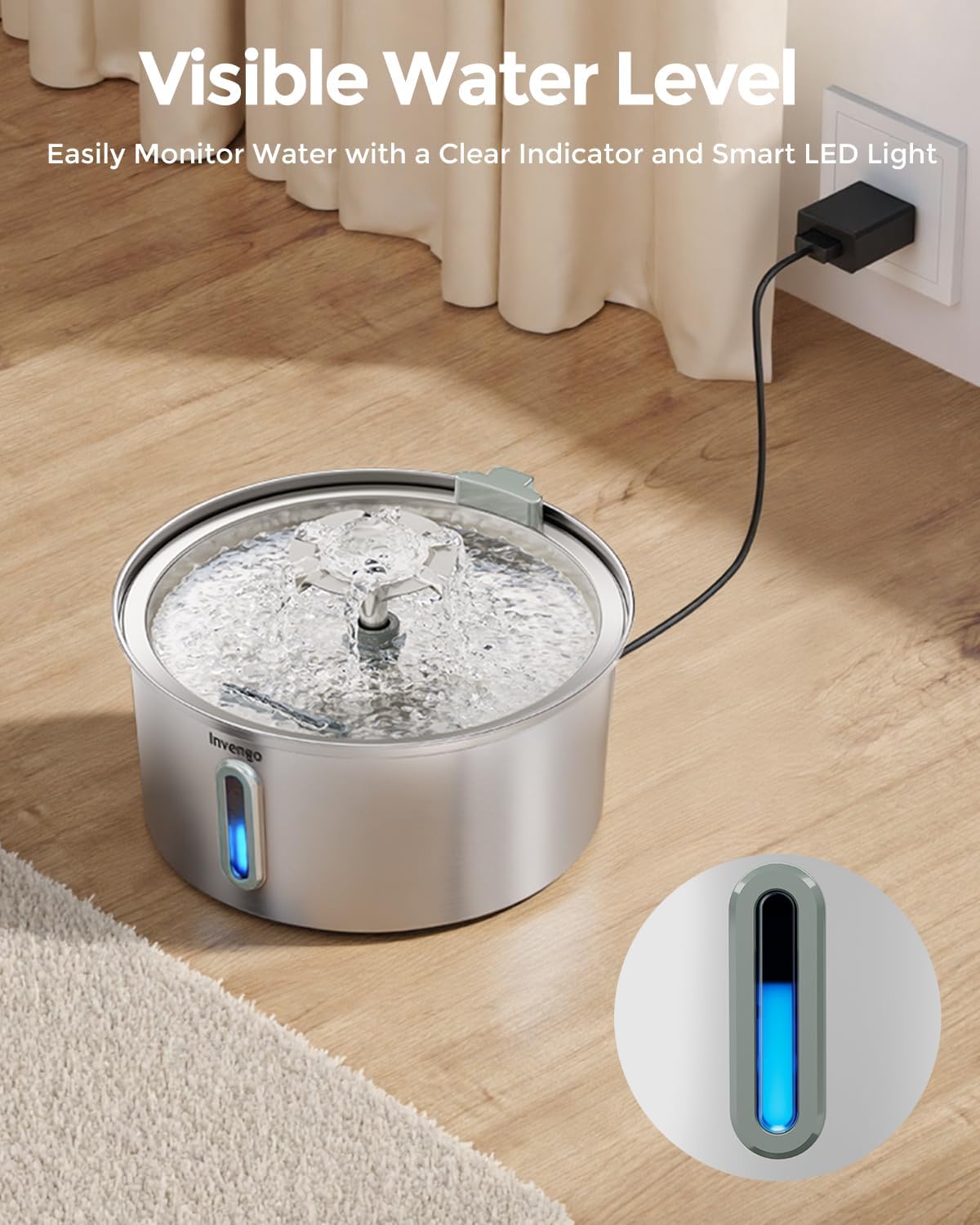 Cat Water Fountain Stainless Steel 3.2L/108oz, Automatic Pet Fountain for Cats & Dogs, Ultra Quiet <25 dB Pump, LED Water Level Window, Easy to Clean
