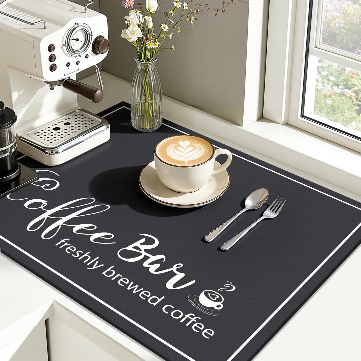 Findosom 12"x 20" Dish Drying Mat, Super Absorbent & Cuttable Coffee Mat, Hide Stain Bar Mat for Kitchen Counter, Coffee Bar Accessories, Black