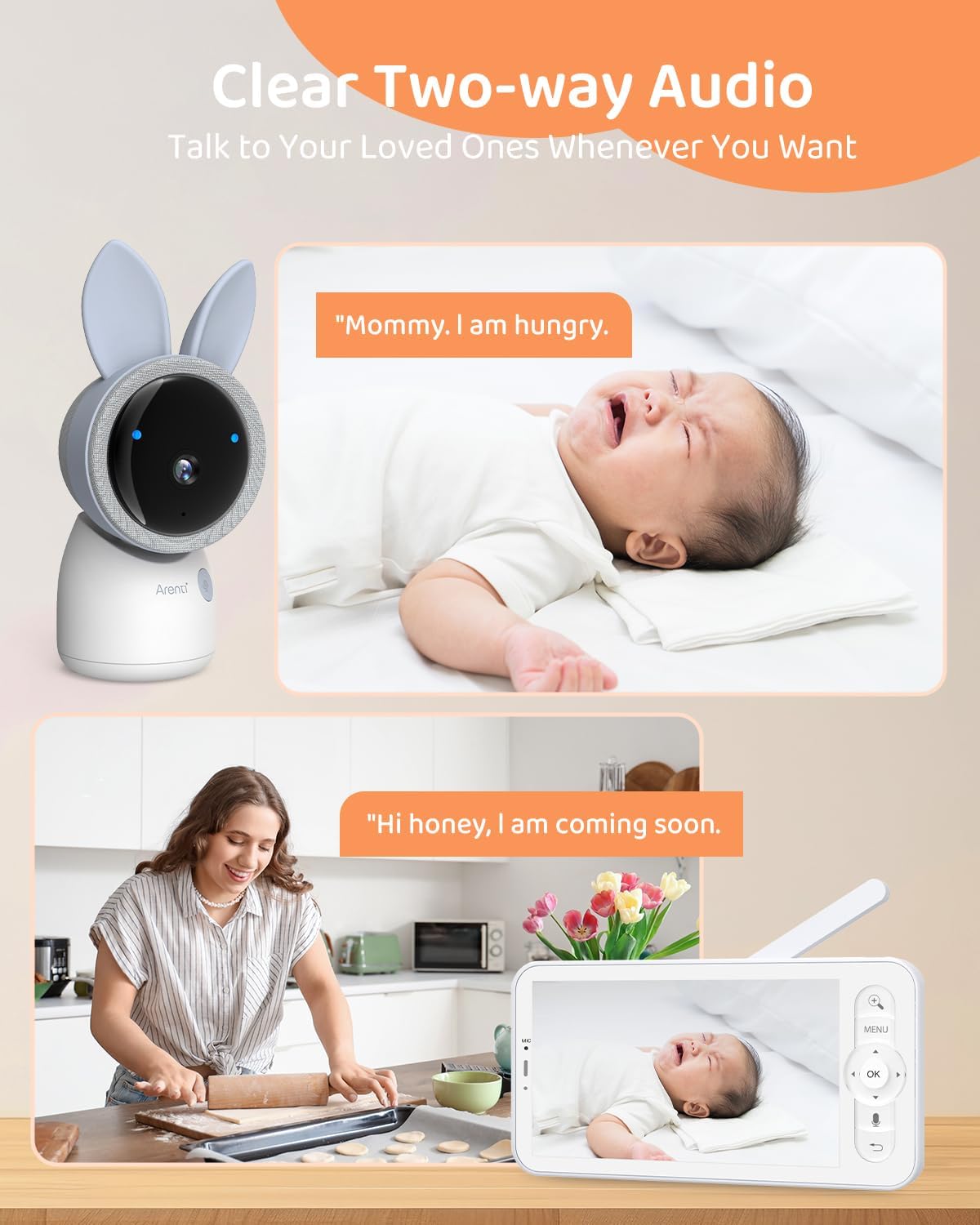 ARENTI 2.4G&5G Smart Baby Monitor with Camera and Audio, 5’’ WiFi/No-WiFi 4MP Split Screen with Night Light, Smoothing Lullabies, Cry&Motion Detection, Temp&Humidity Senor, Free APP with Motion Video
