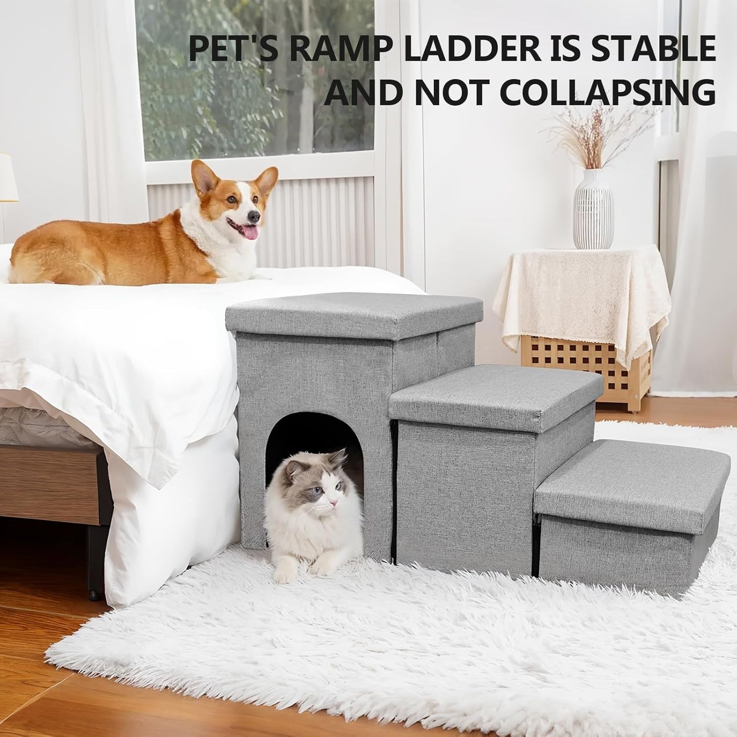 Dog Stairs for High Bed 18" H,Foldable Pet Stairs for Small Medium or Large Dogs Puppy with Storage for Bed or Couch, 3-Step Cat Dog Steps Ramp for High Bed