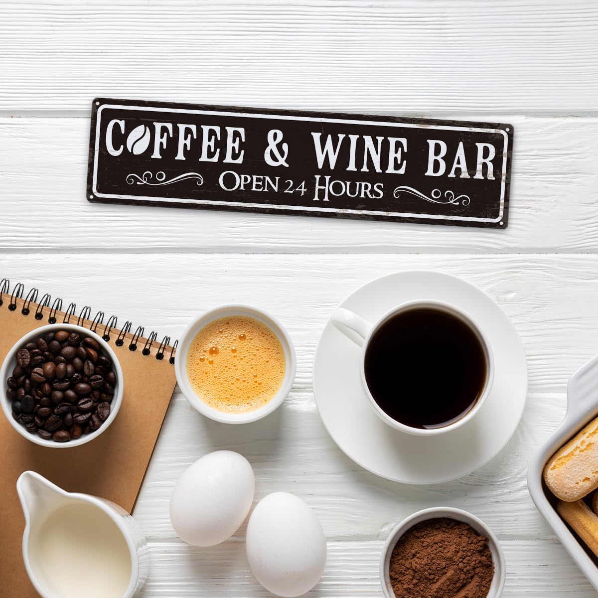Coffee and Wine Bar Decor, Coffee & Wine Bar Open 24 Hours Sign, Retro Metal Tin Sign, Rustic Farmhouse Wall Decoration, Vintage Home Decor for Kitchen, Coffees Station Decors, 15.8x4 Inches