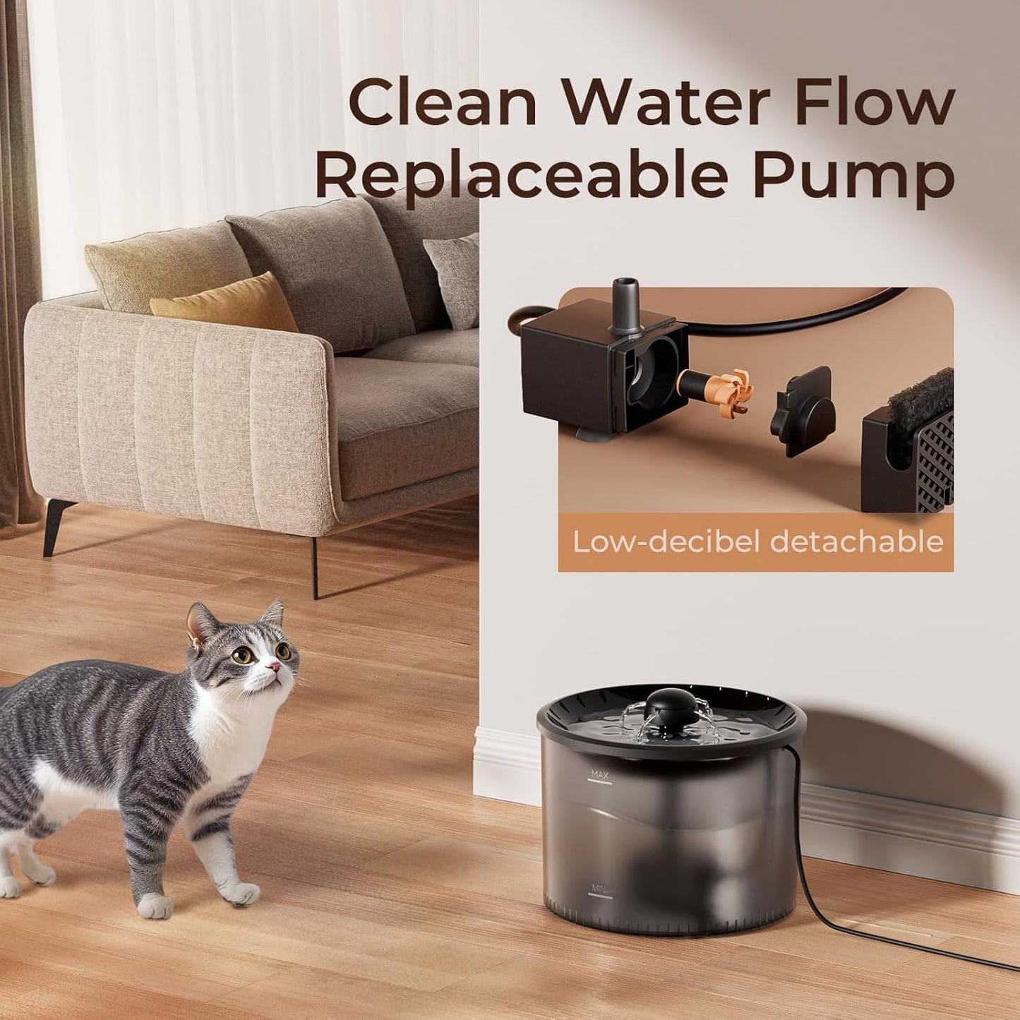 IMIPAW Pet Water Fountain Pump (One Piece), Includes Filter Wool to Isolate Impurity Hairs, Smooth Running, Removable for Cleaning, Replacement Bass Pump for W03 Cat Water Dispenser