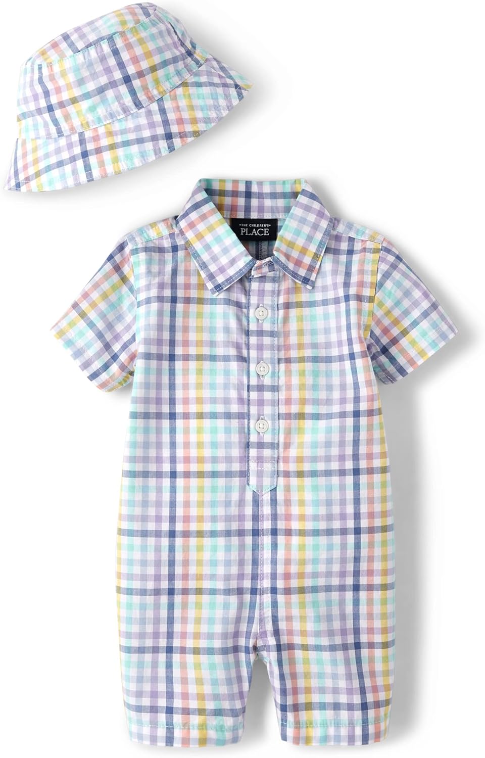 The Children's Place Baby Boys' And Newborn Woven Plaid Romper and Hat 2-piece Set