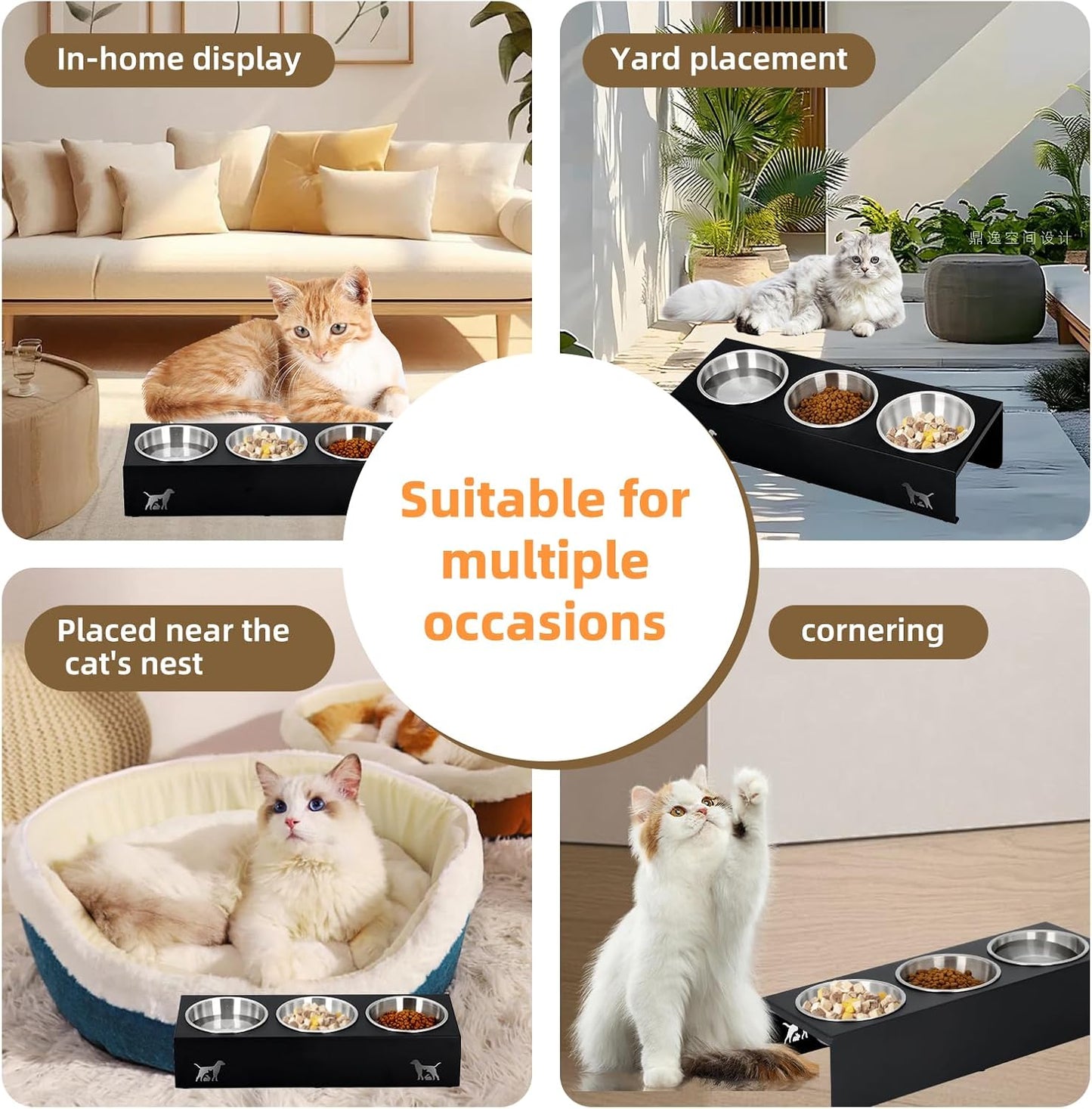 Elevated cat Bowls with Non-Slip Base, 15°Tilted Integrated Stand Anti Vomiting Raised Cat Dishes, Includes 3 Stainless Steel Bowls for Food and Water, Suitable for Cats and Small Dogs.