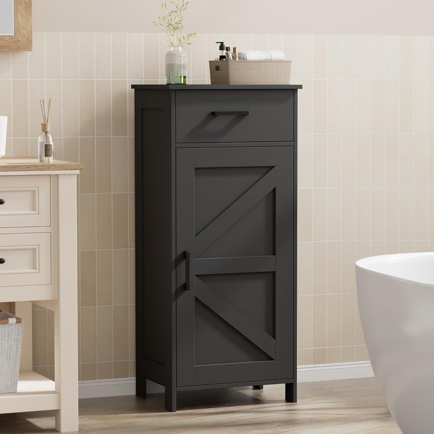 Homhedy 35.4" H Bathroom Cabinet with Drawer, Bathroom Organizers and Storage, Adjustable Shelves, Floor Cabinet for Living Room, Entryway, Kitchen, Black, (15.7" W)