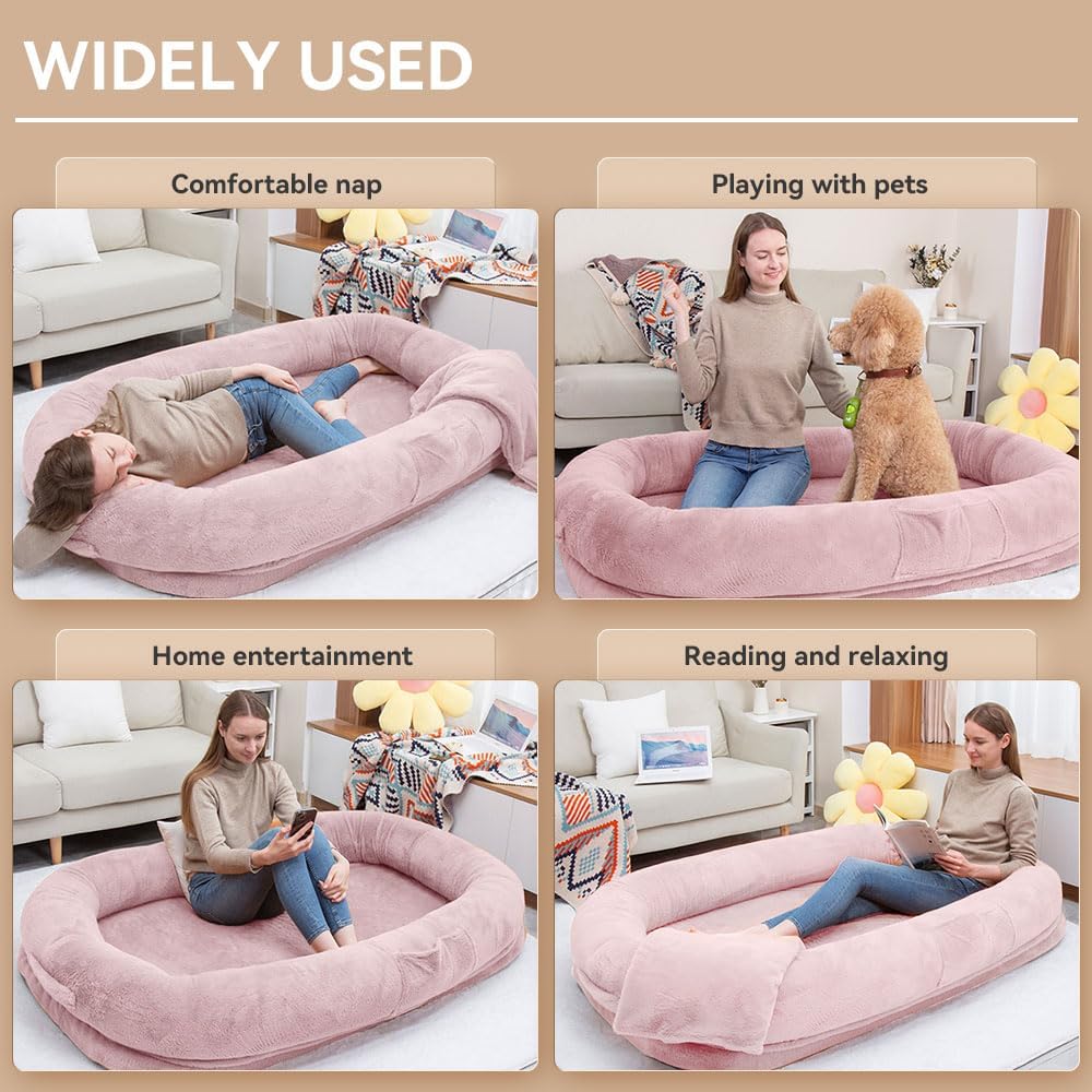 Human Dog Bed 63”x36.6”x11” Large Dog Bed with Raised Cushioned Rim, Removable Cover, Waterproof Lining and Bonus Blanket; Washable-Luxury Fluffy Nap Bed (63"x36.6"x11", Pink)