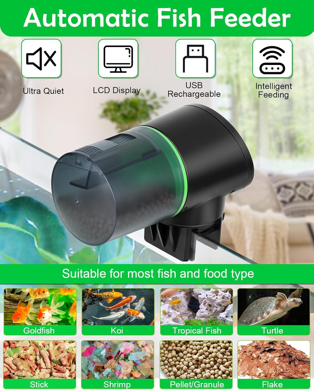 Automatic Fish Feeder for Aquarium - Auto Fish Food Dispenser Rechargeable for Small Large Tank with USB Charger Cable，12/24/48H Interval Esay Set Up (Black, CY-019)